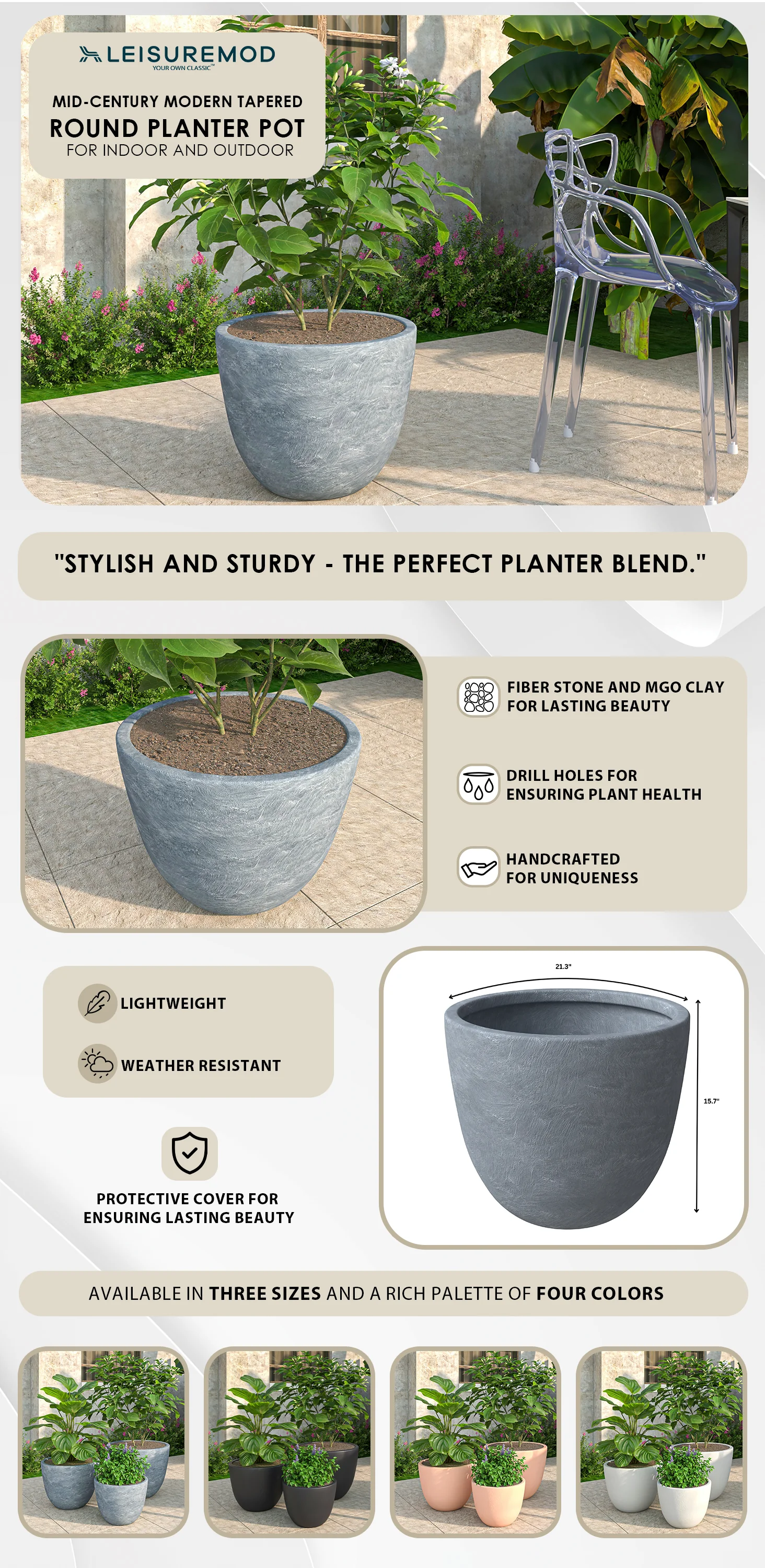 Dahlia Series Poly Stone Planter in Aged Concrete 21.3 Dia, 15.7 High