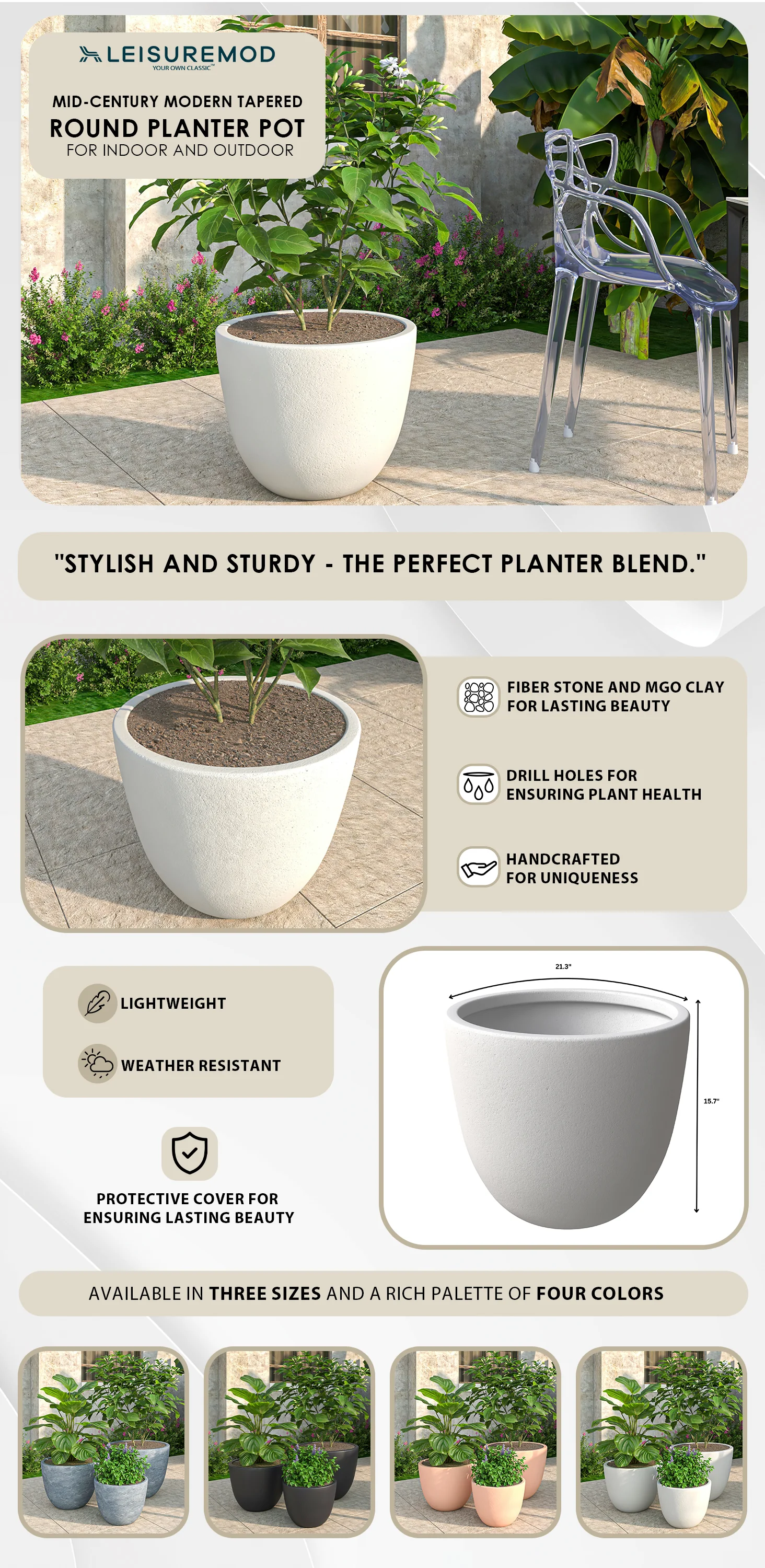 Dahlia Series Poly Stone Planter in White 21.3 Dia, 15.7 High