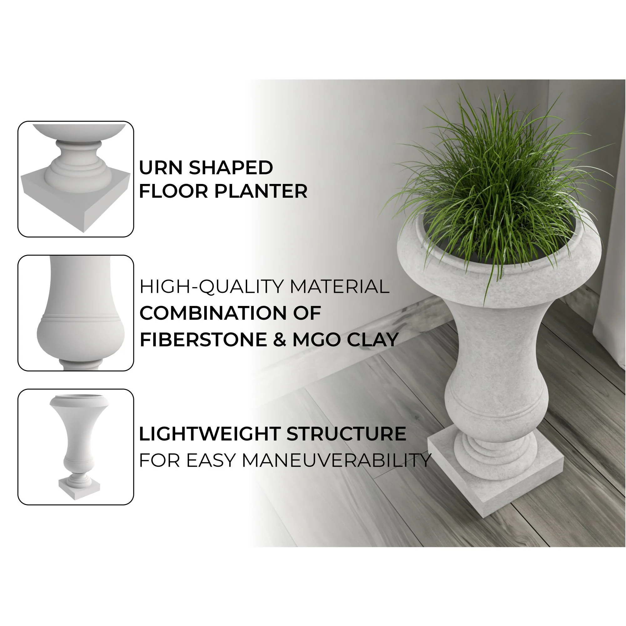 Daisy Series Poly Fiber Stone Planter in White, 14 Dia, 24.8 High