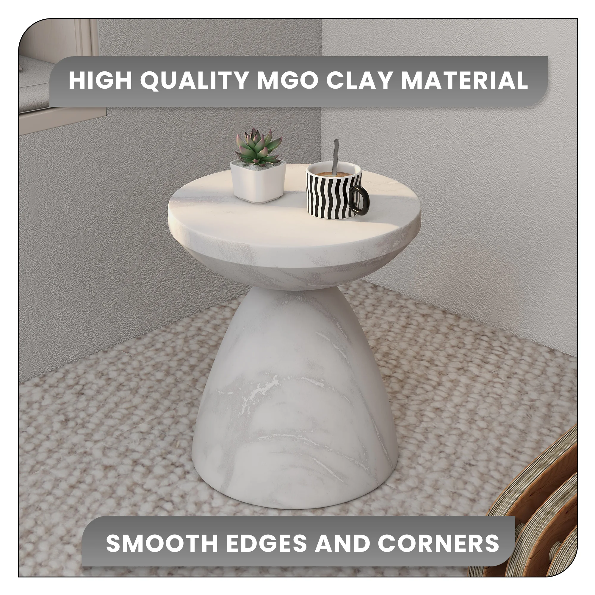 Dune Collection Fiberglass Outdoor Side Table in Marble White