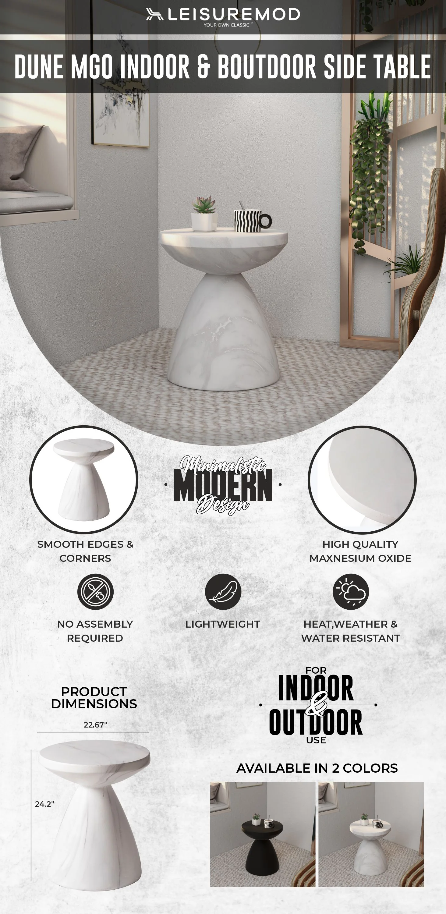 Dune Collection Fiberglass Outdoor Side Table in Marble White