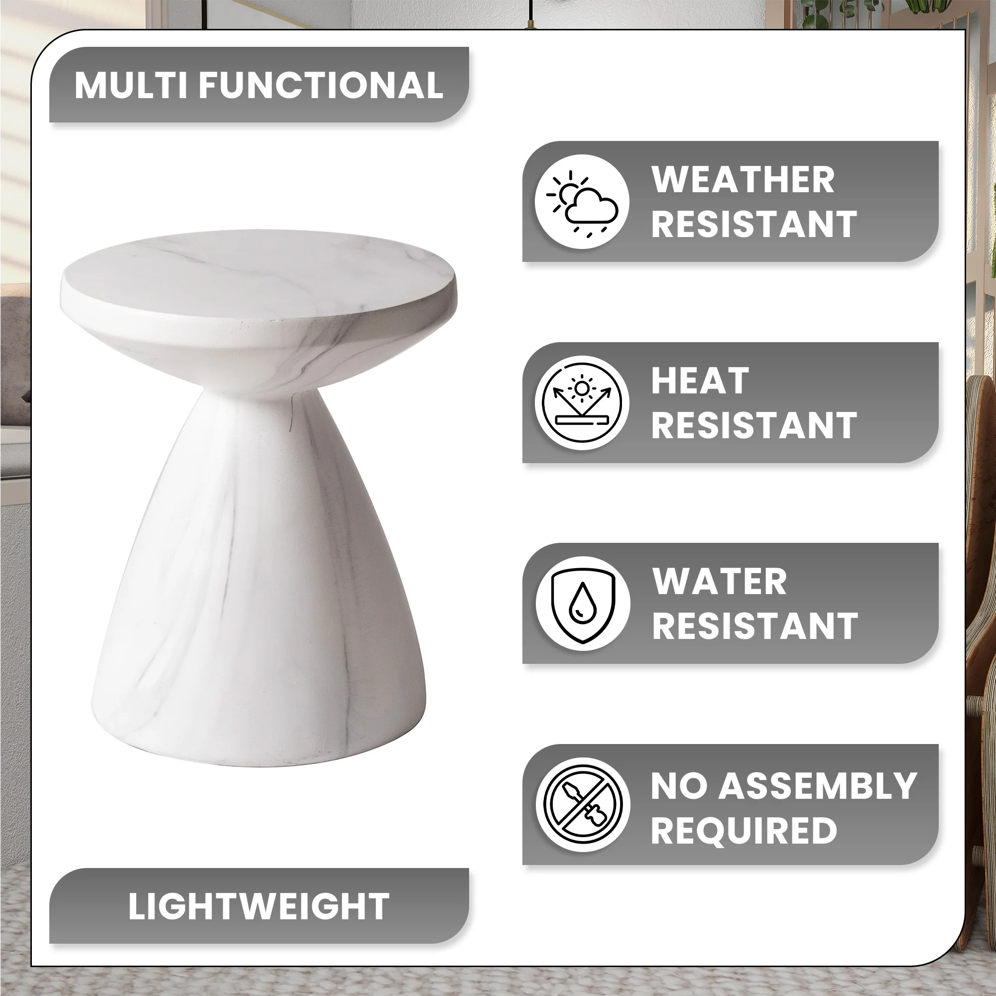 Dune Collection Fiberglass Outdoor Side Table in Marble White