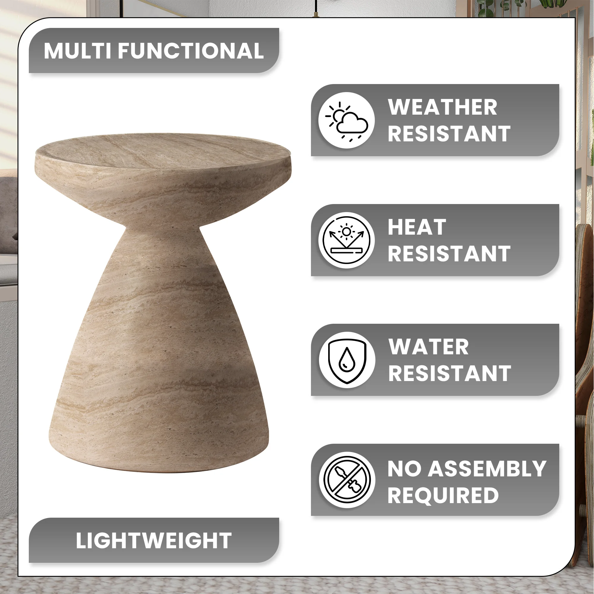 Dune Collection Fiberglass Outdoor Side Table in Travertine