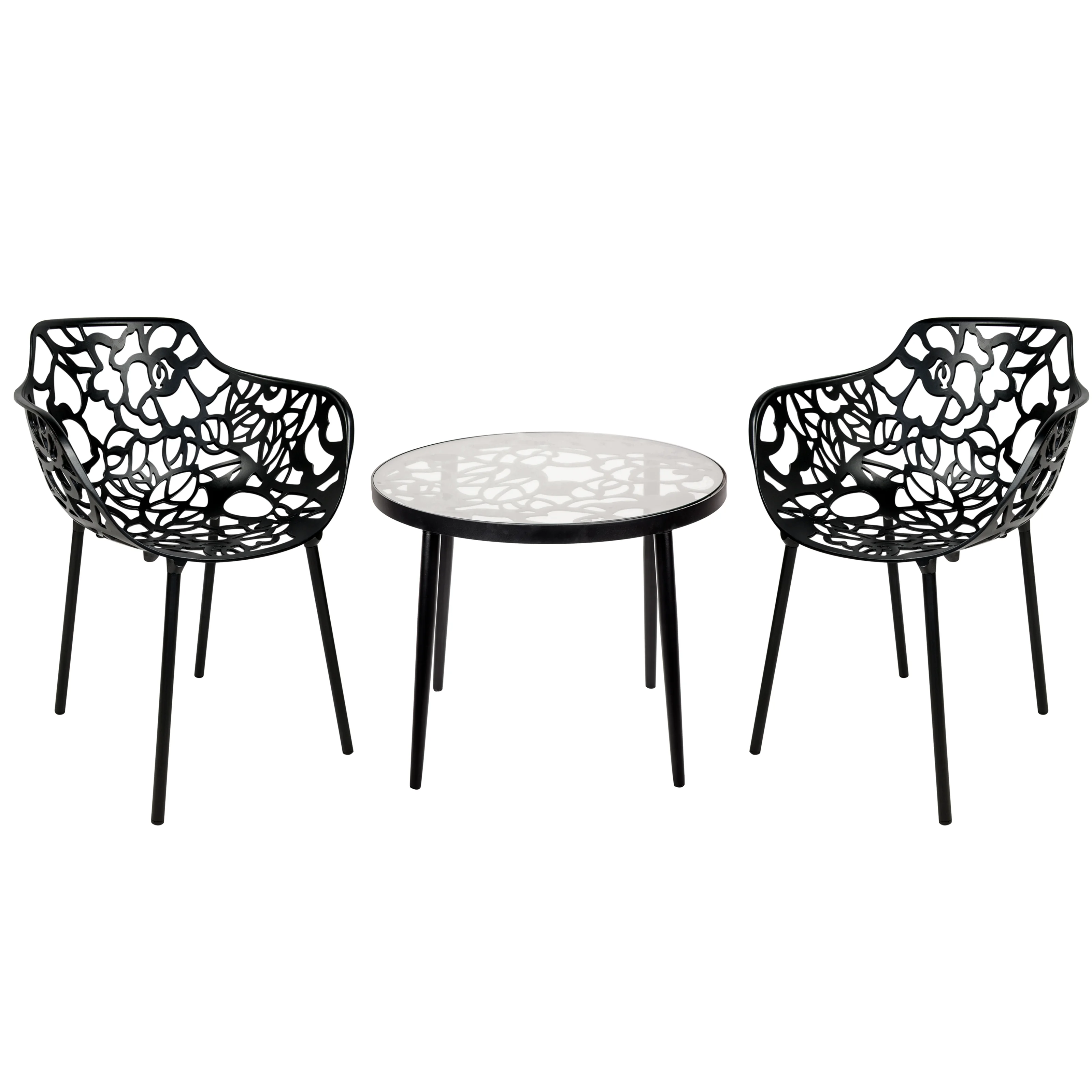 Devon Mid-Century Modern 3-Piece Aluminum Outdoor Patio Dining Set with Tempered Glass Top Table and 2 Stackable Flower Design Arm Chairs for Patio, Poolside, Balcony, and Backyard Garden