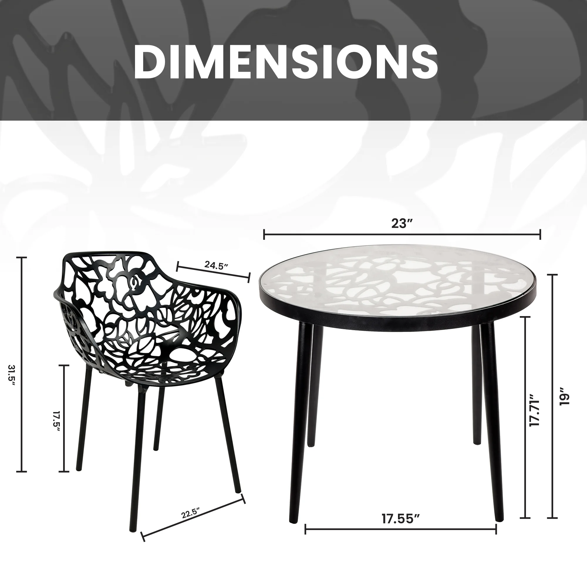 Devon Mid-Century Modern 3-Piece Aluminum Outdoor Patio Dining Set with Tempered Glass Top Table and 2 Stackable Flower Design Arm Chairs for Patio, Poolside, Balcony, and Backyard Garden