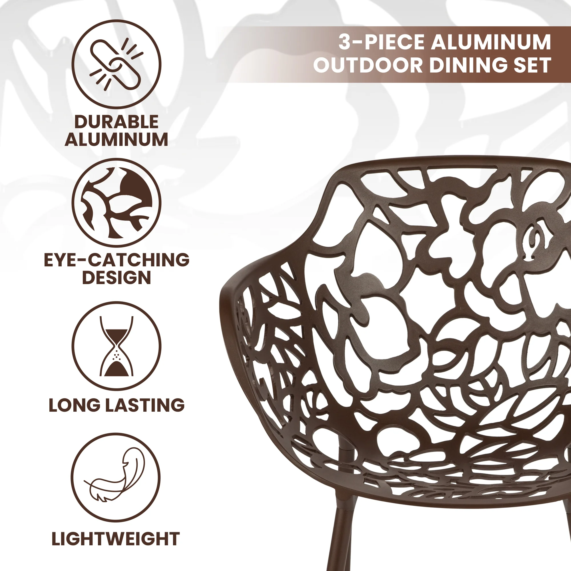 Devon Mid-Century Modern 3-Piece Aluminum Outdoor Patio Dining Set with Tempered Glass Top Table and 2 Stackable Flower Design Arm Chairs for Patio, Poolside, Balcony, and Backyard Garden