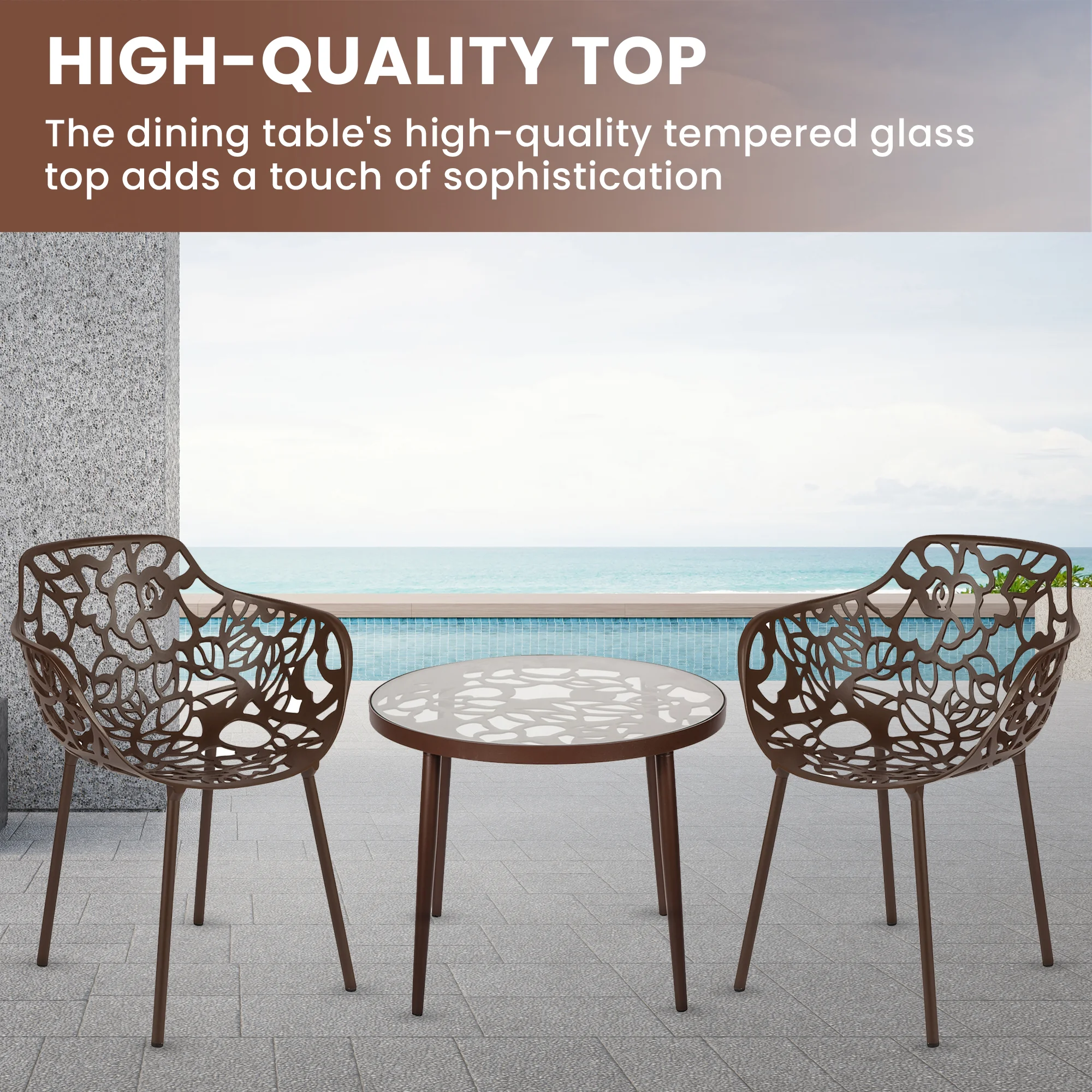 Devon Mid-Century Modern 3-Piece Aluminum Outdoor Patio Dining Set with Tempered Glass Top Table and 2 Stackable Flower Design Arm Chairs for Patio, Poolside, Balcony, and Backyard Garden