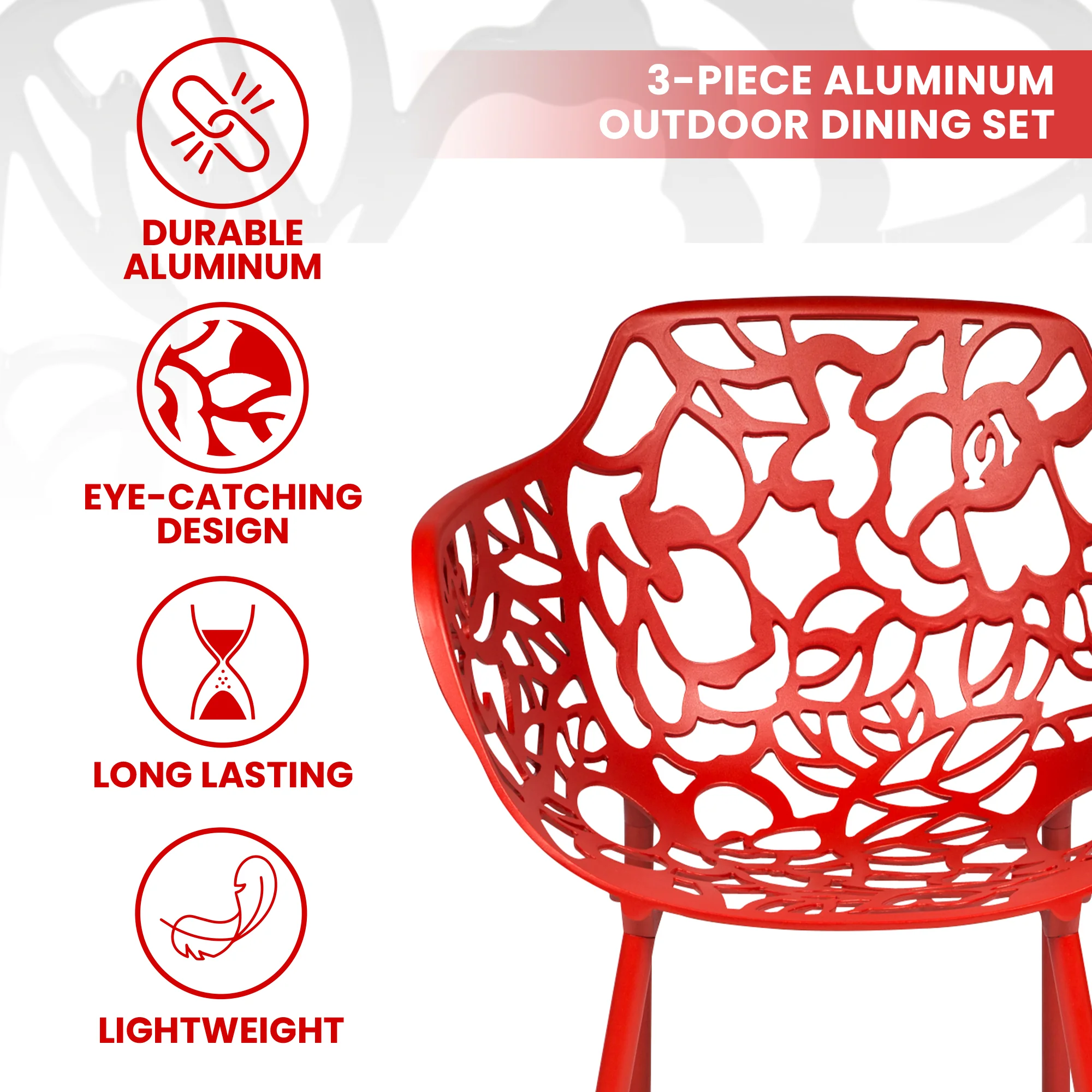Devon Mid-Century Modern 3-Piece Aluminum Outdoor Patio Dining Set with Tempered Glass Top Table and 2 Stackable Flower Design Arm Chairs for Patio, Poolside, Balcony, and Backyard Garden