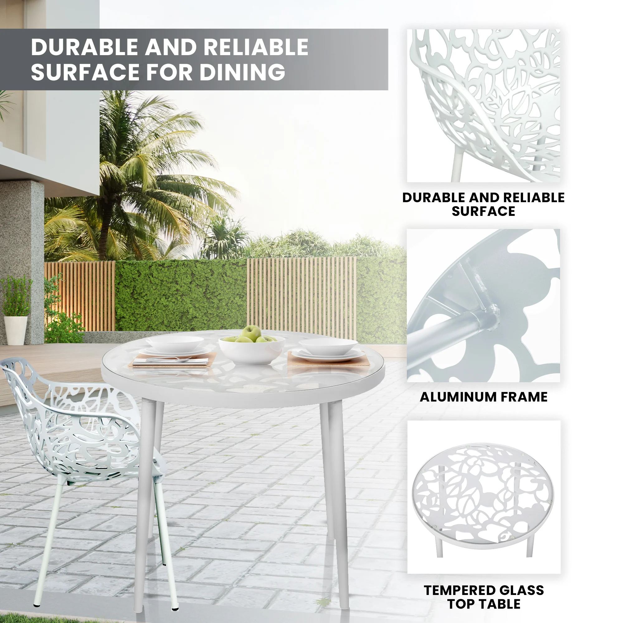 Devon Mid-Century Modern 3-Piece Aluminum Outdoor Patio Dining Set with Tempered Glass Top Table and 2 Stackable Flower Design Arm Chairs for Patio, Poolside, Balcony, and Backyard Garden