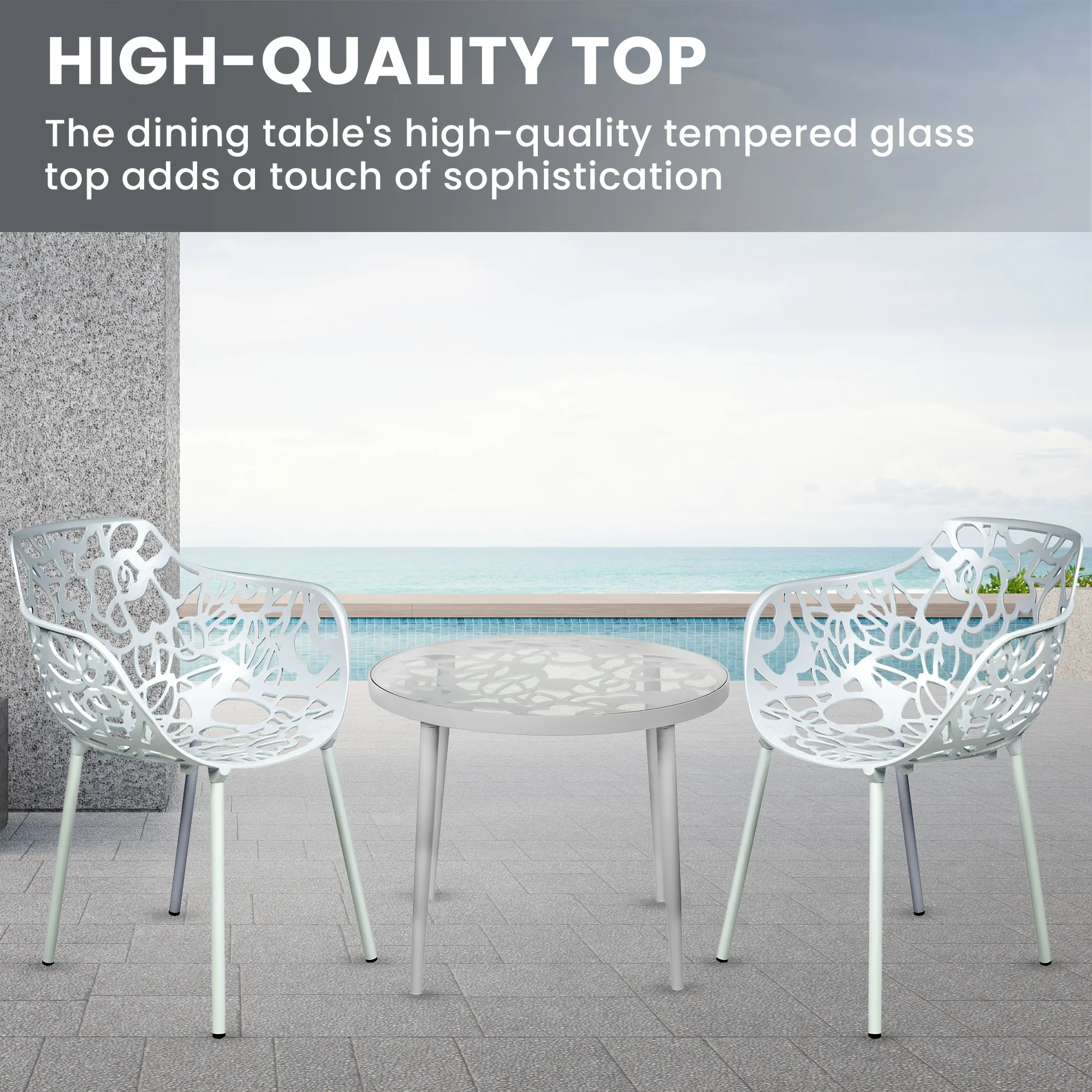 Devon Mid-Century Modern 3-Piece Aluminum Outdoor Patio Dining Set with Tempered Glass Top Table and 2 Stackable Flower Design Arm Chairs for Patio, Poolside, Balcony, and Backyard Garden