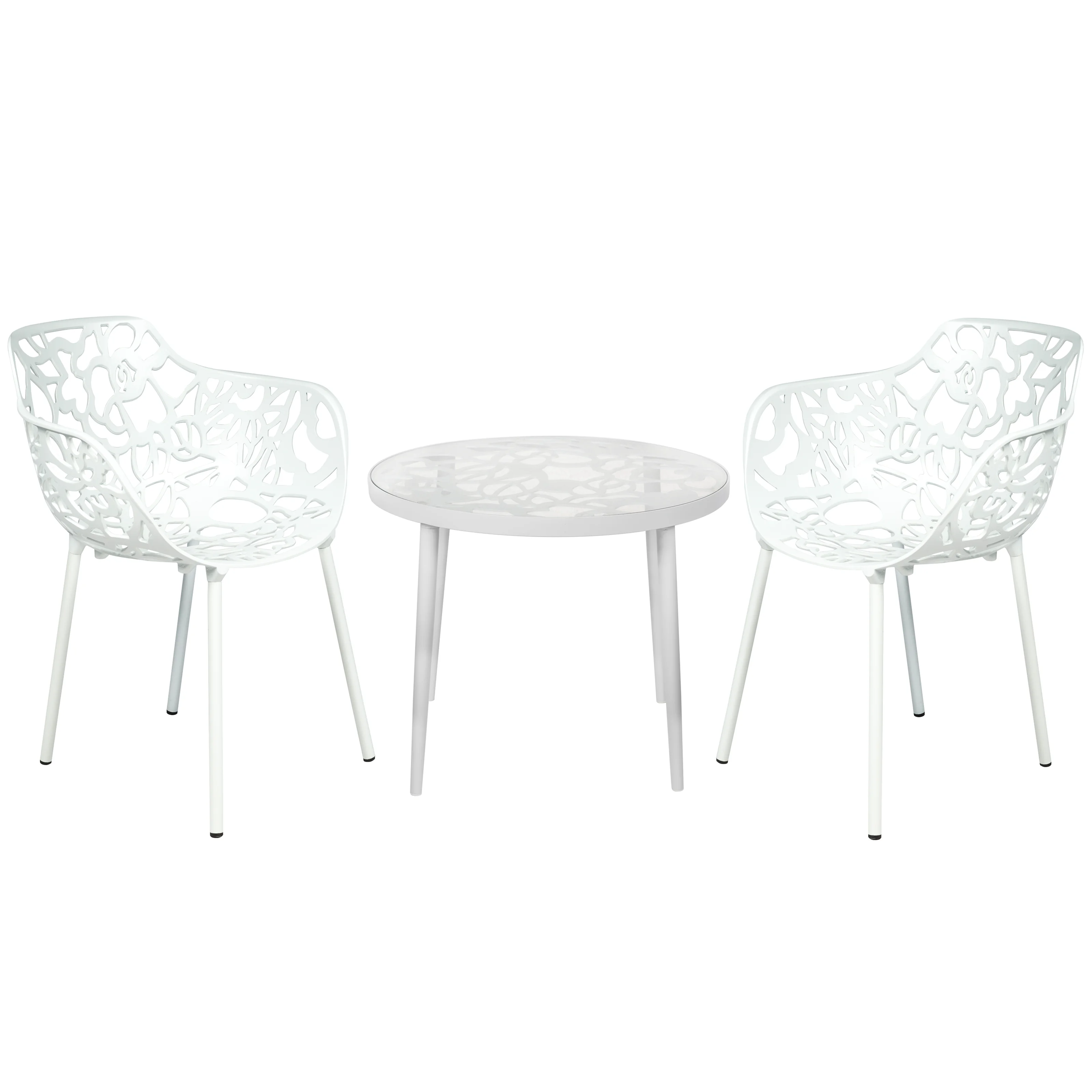 Devon Mid-Century Modern 3-Piece Aluminum Outdoor Patio Dining Set with Tempered Glass Top Table and 2 Stackable Flower Design Arm Chairs for Patio, Poolside, Balcony, and Backyard Garden