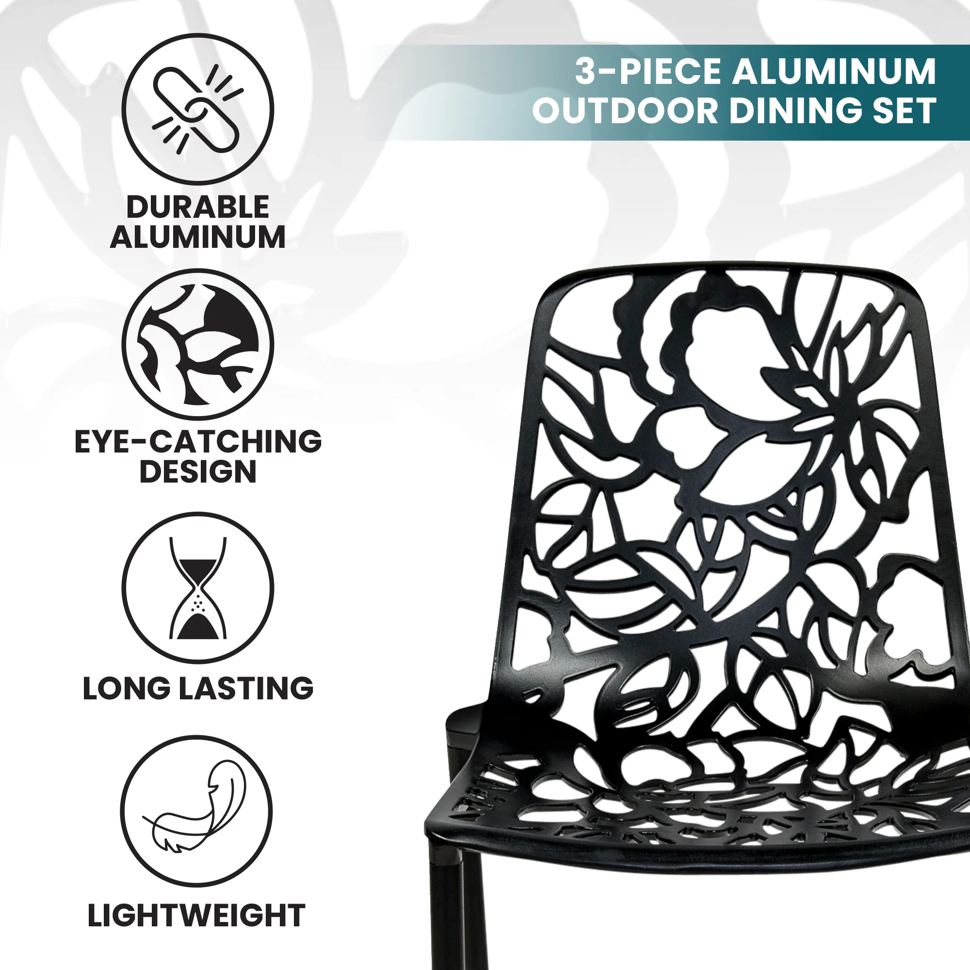 Devon Mid-Century Modern 3-Piece Aluminum Outdoor Patio Dining Set with Tempered Glass Top Table and 2 Stackable Flower Design Chairs for Patio, Poolside, Balcony, and Backyard Garden