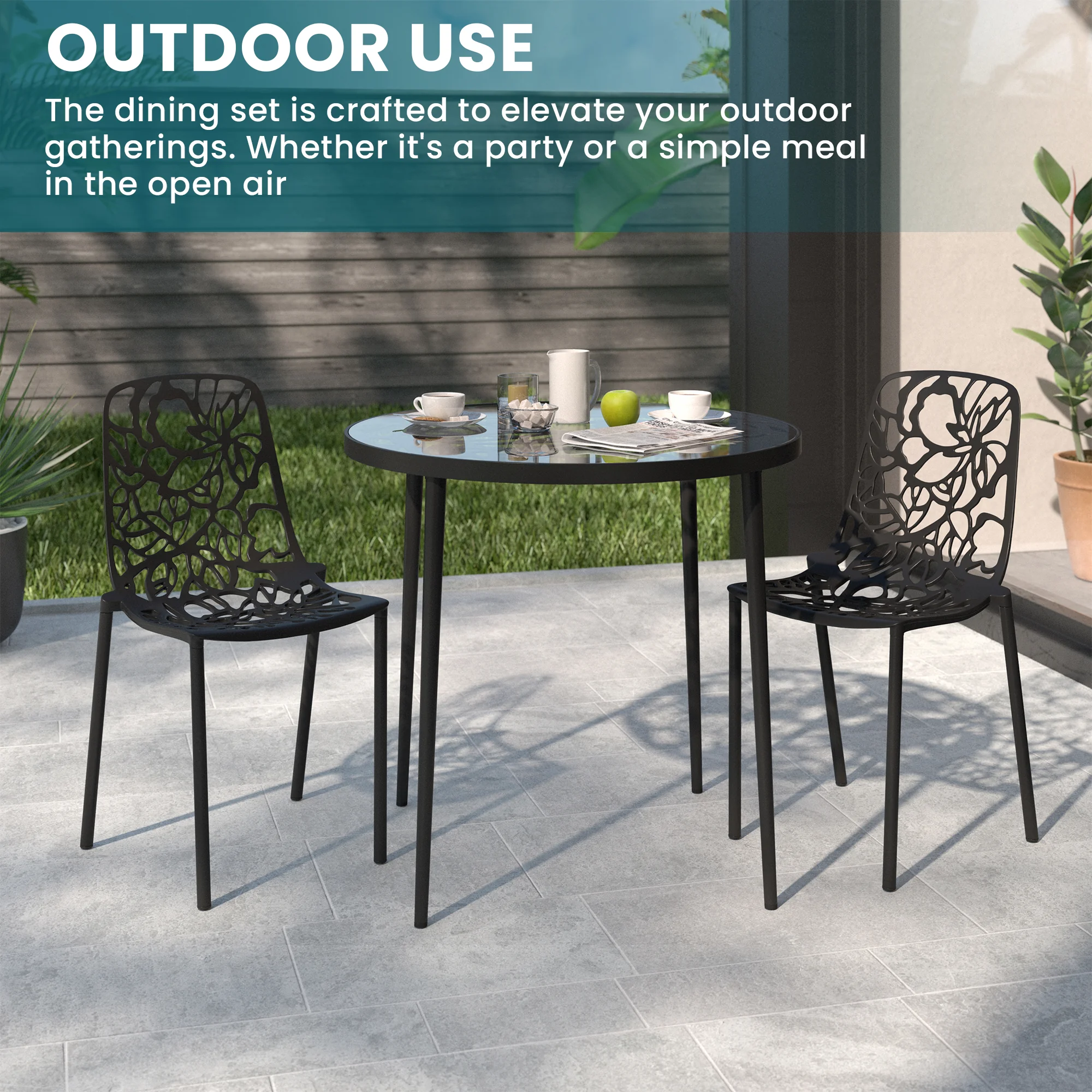 Devon Mid-Century Modern 3-Piece Aluminum Outdoor Patio Dining Set with Tempered Glass Top Table and 2 Stackable Flower Design Chairs for Patio, Poolside, Balcony, and Backyard Garden