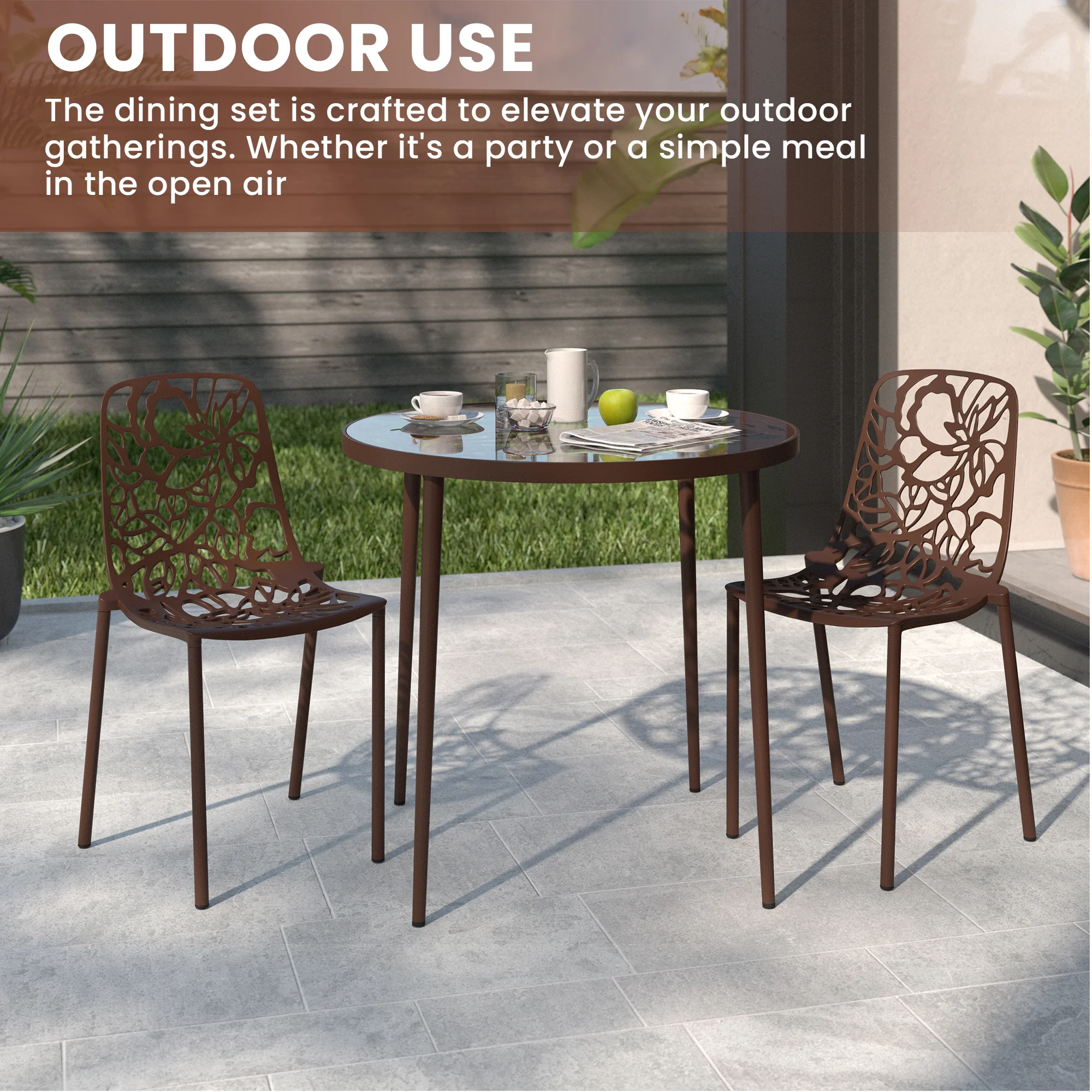 Devon Mid-Century Modern 3-Piece Aluminum Outdoor Patio Dining Set with Tempered Glass Top Table and 2 Stackable Flower Design Chairs for Patio, Poolside, Balcony, and Backyard Garden