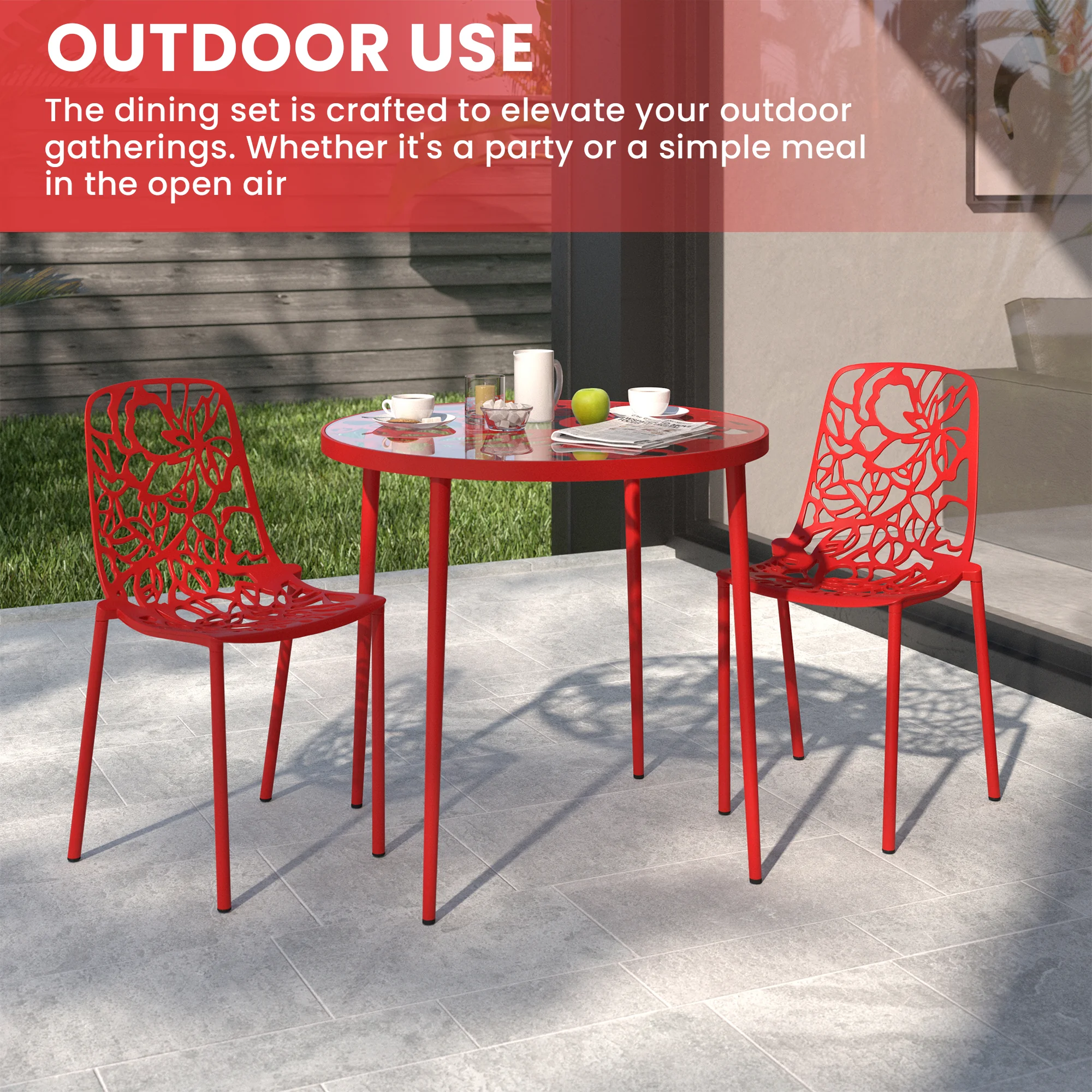 Devon Mid-Century Modern 3-Piece Aluminum Outdoor Patio Dining Set with Tempered Glass Top Table and 2 Stackable Flower Design Chairs for Patio, Poolside, Balcony, and Backyard Garden