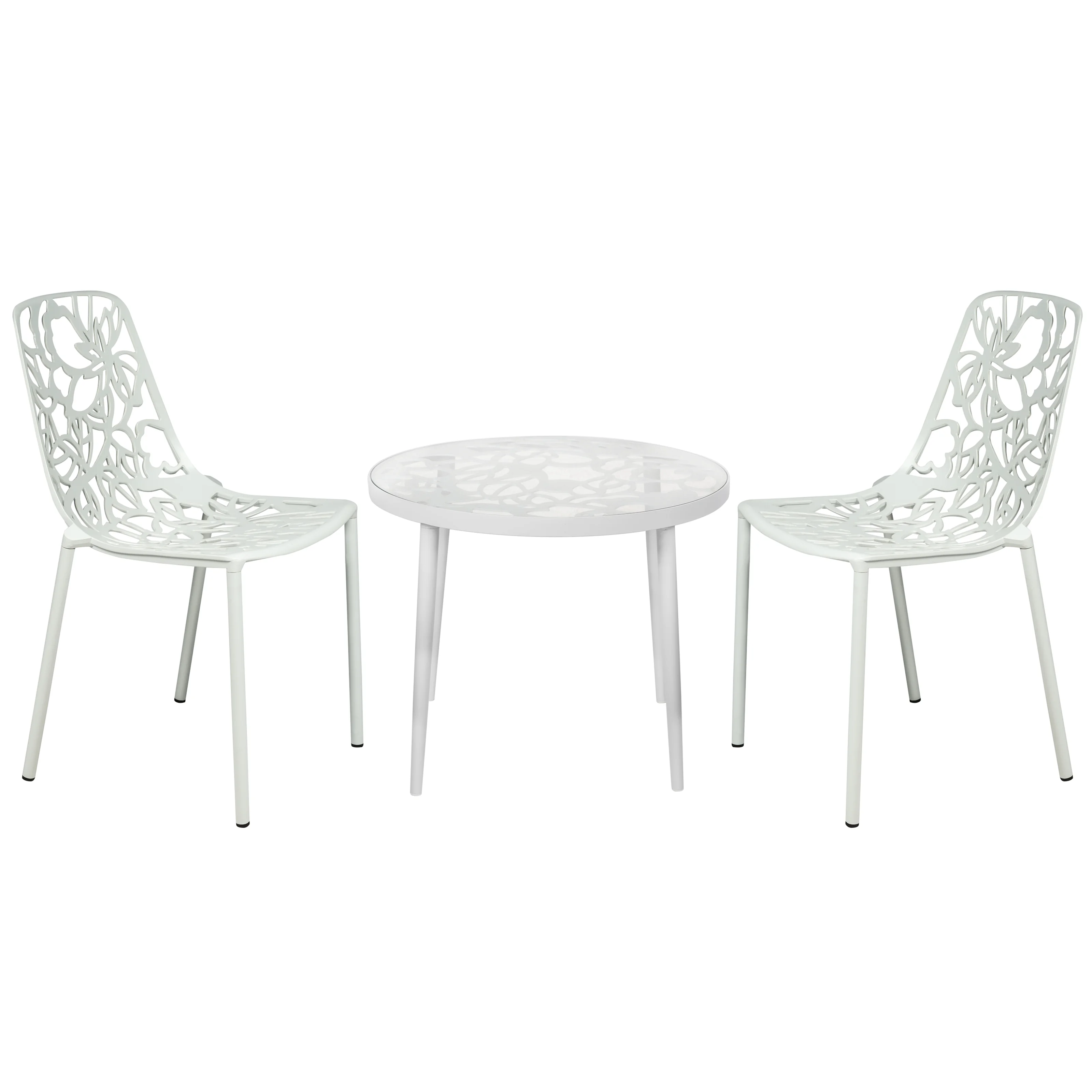 Devon Mid-Century Modern 3-Piece Aluminum Outdoor Patio Dining Set with Tempered Glass Top Table and 2 Stackable Flower Design Chairs for Patio, Poolside, Balcony, and Backyard Garden