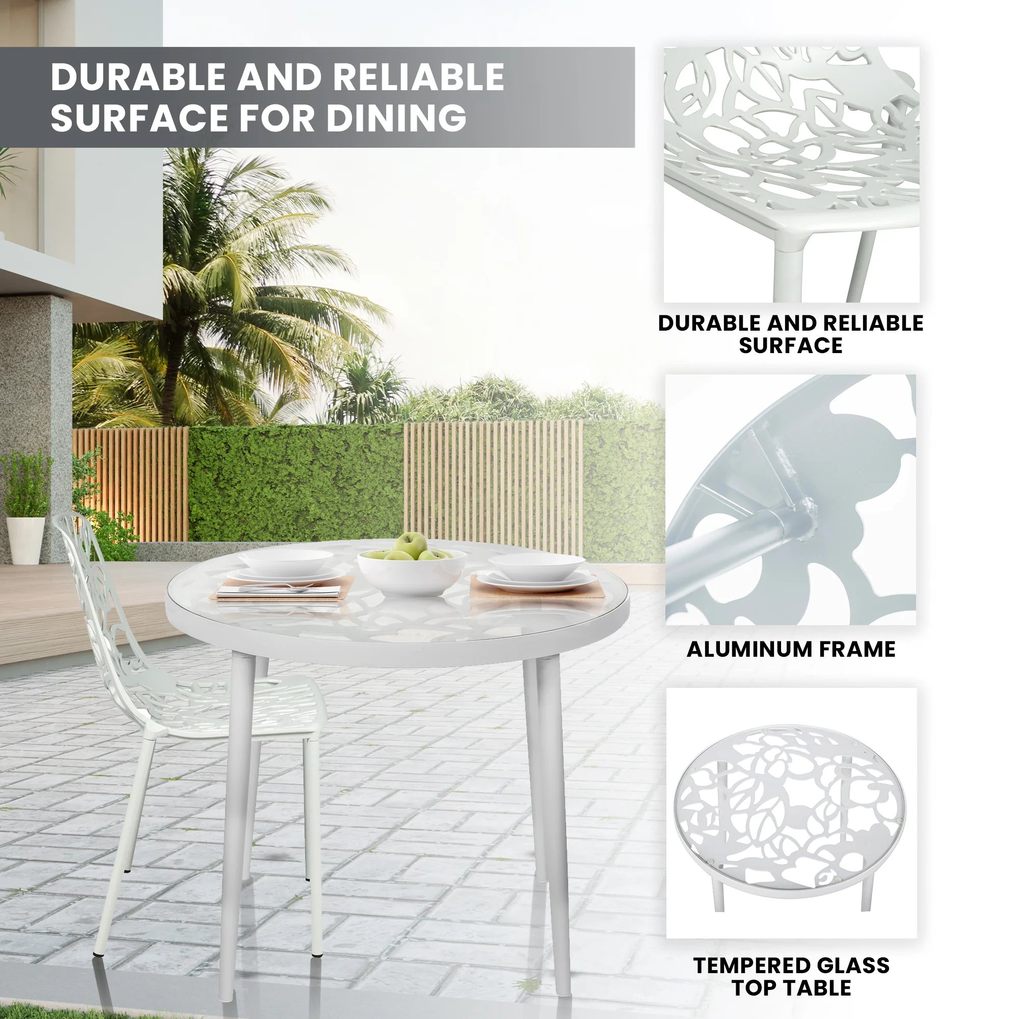 Devon Mid-Century Modern 3-Piece Aluminum Outdoor Patio Dining Set with Tempered Glass Top Table and 2 Stackable Flower Design Chairs for Patio, Poolside, Balcony, and Backyard Garden