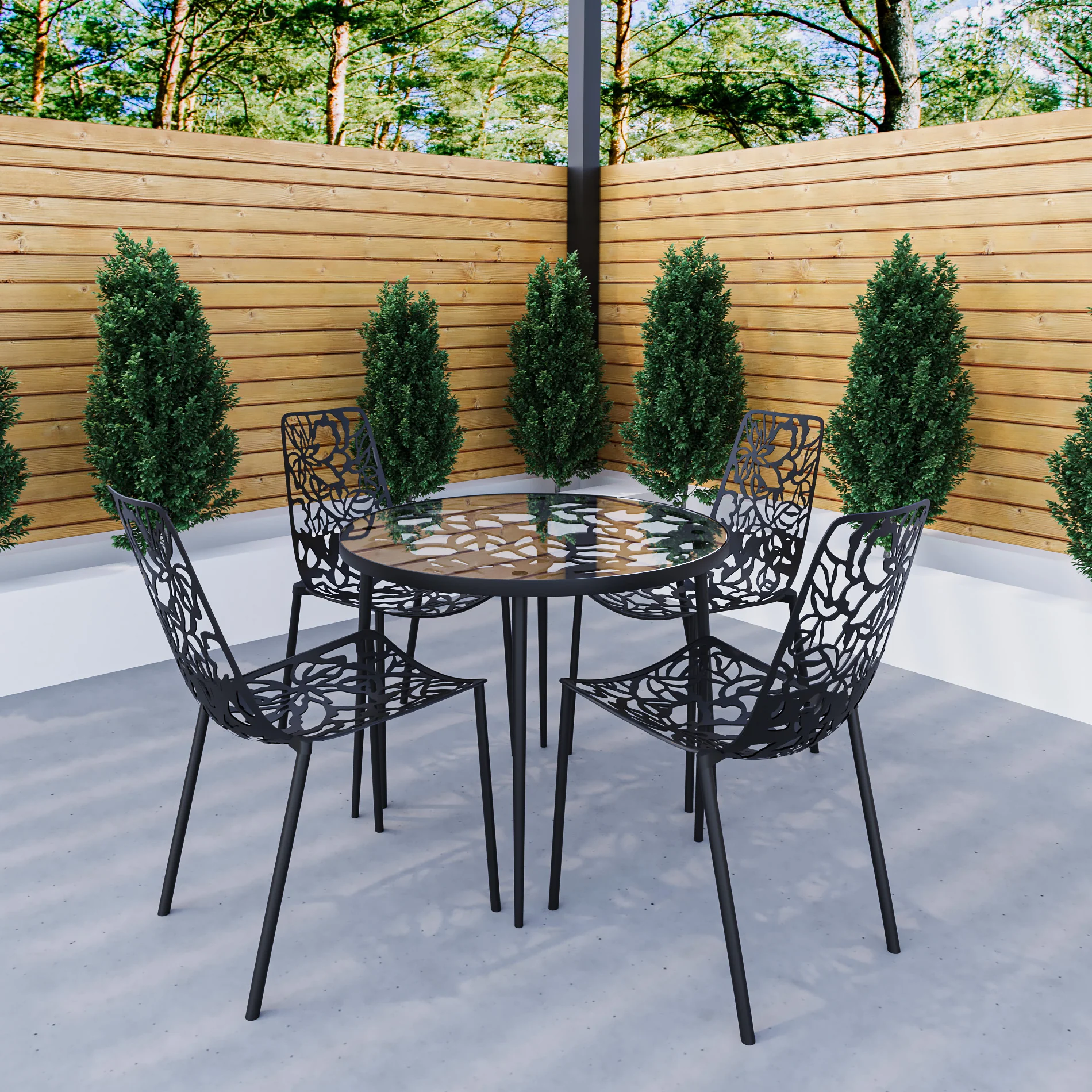 Devon Mid-Century Modern 5-Piece Aluminum Outdoor Patio Dining Set with Tempered Glass Top Table and 4 Stackable Flower Design Chairs for Patio, Poolside, Balcony, and Backyard Garden
