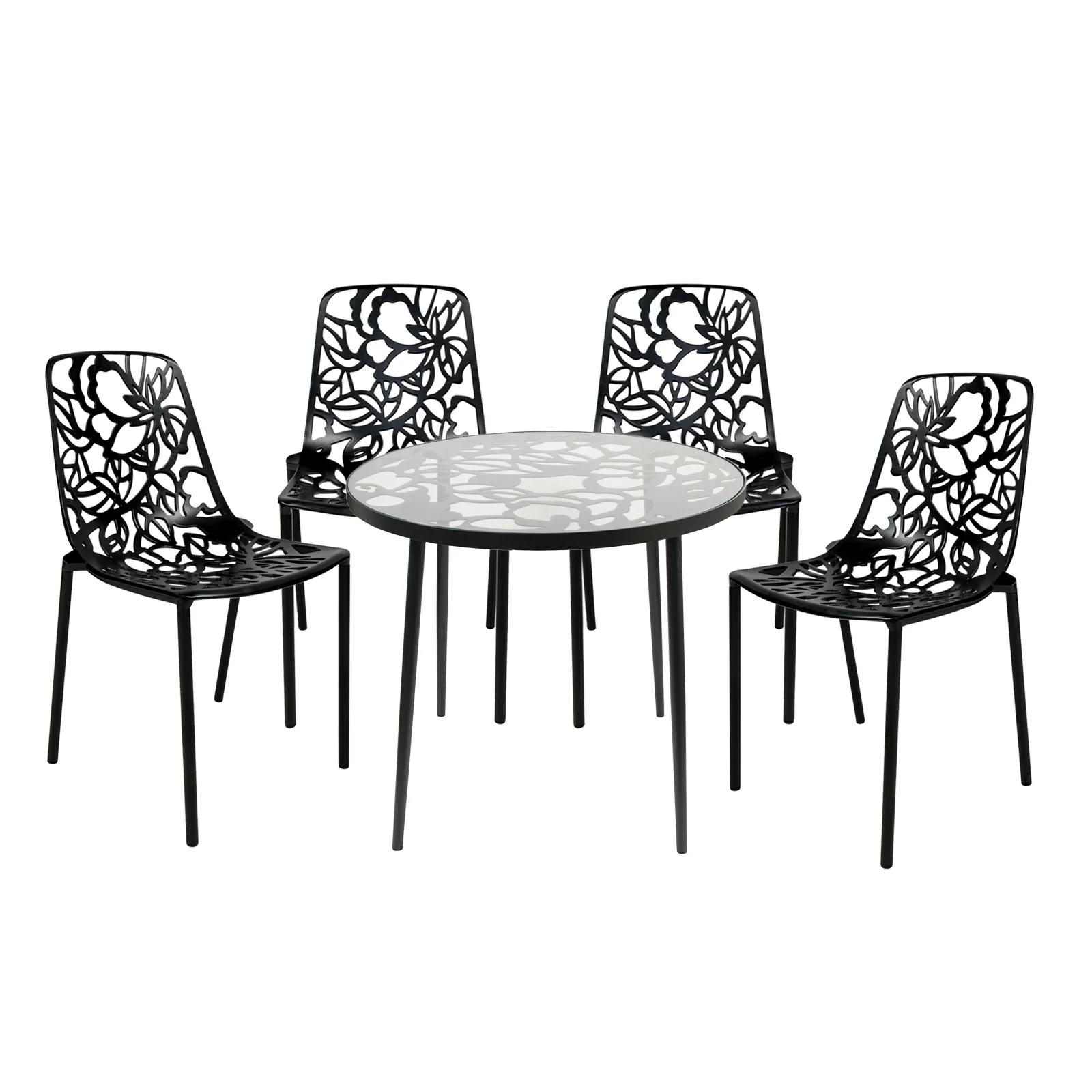Devon Mid-Century Modern 5-Piece Aluminum Outdoor Patio Dining Set with Tempered Glass Top Table and 4 Stackable Flower Design Chairs for Patio, Poolside, Balcony, and Backyard Garden