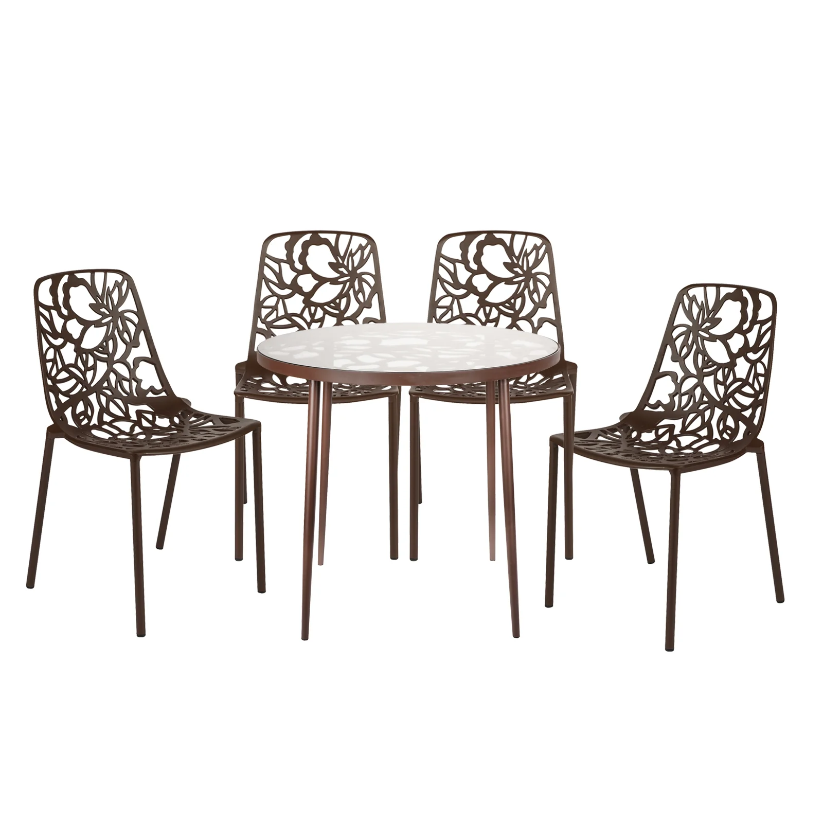 Devon Mid-Century Modern 5-Piece Aluminum Outdoor Patio Dining Set with Tempered Glass Top Table and 4 Stackable Flower Design Chairs for Patio, Poolside, Balcony, and Backyard Garden
