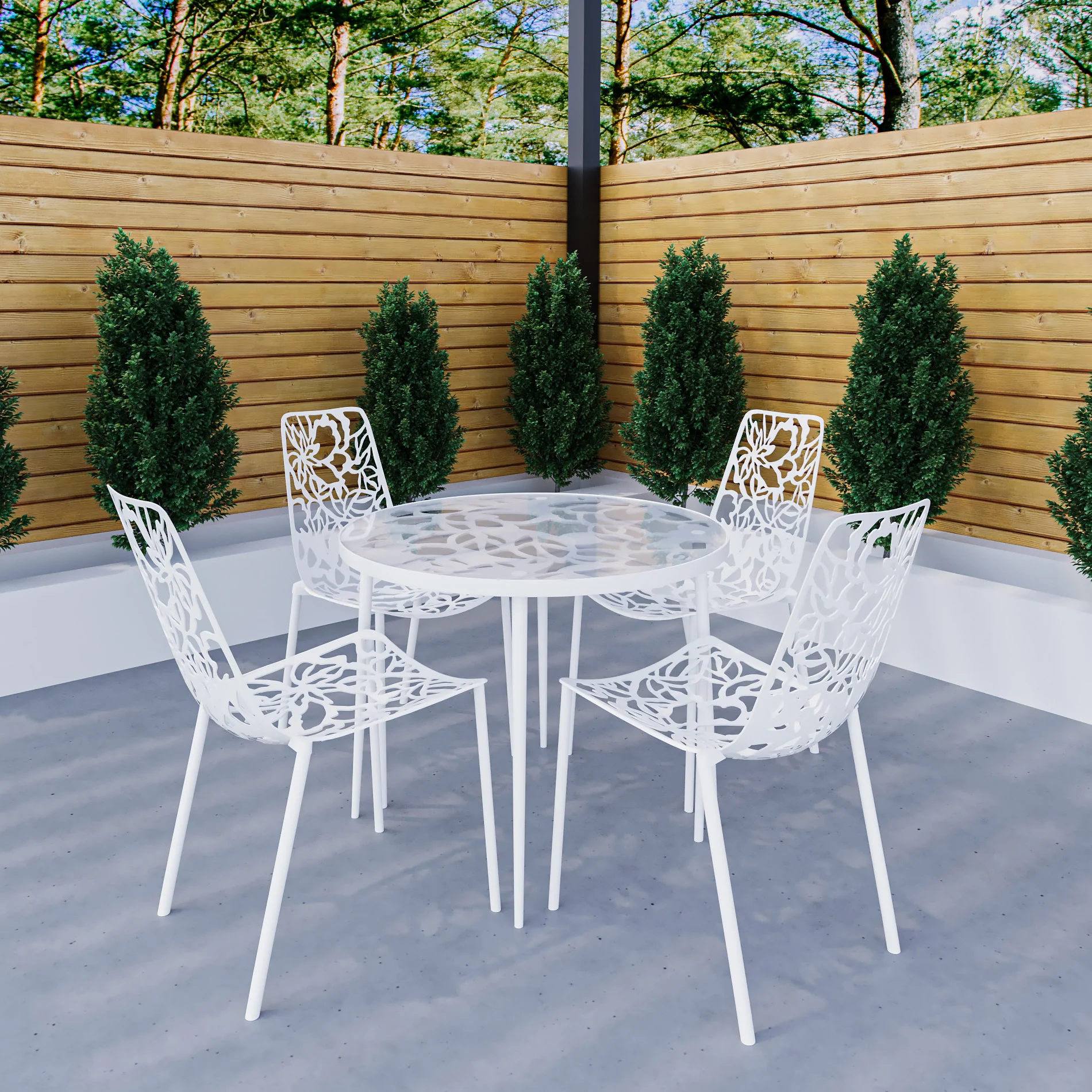 Devon Mid-Century Modern 5-Piece Aluminum Outdoor Patio Dining Set with Tempered Glass Top Table and 4 Stackable Flower Design Chairs for Patio, Poolside, Balcony, and Backyard Garden