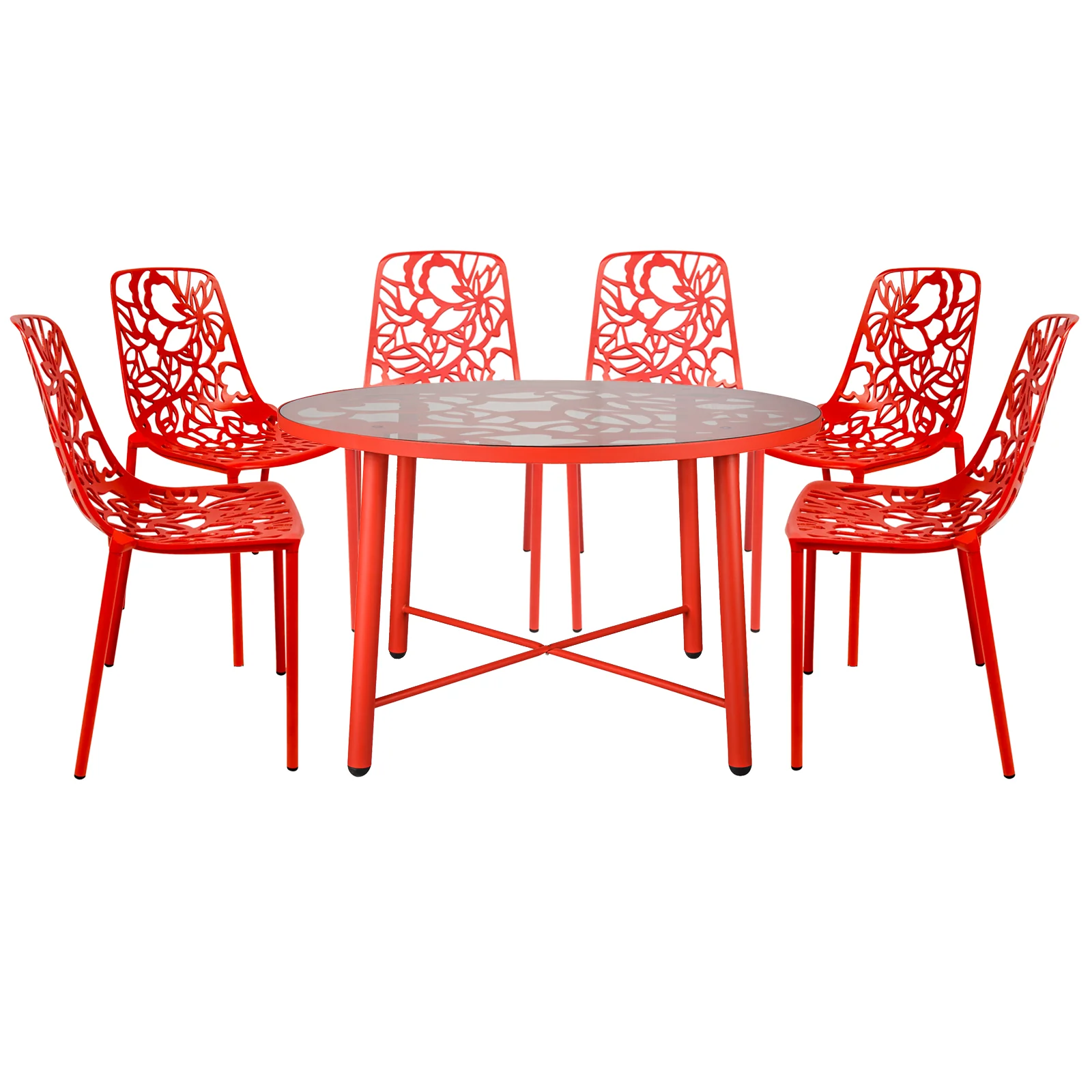 Devon Mid-Century Modern 7-Piece Aluminum Outdoor Patio Dining Set with Tempered Glass Top Table and 6 Stackable Flower Design Chairs for Patio, Poolside, Balcony, and Backyard Garden