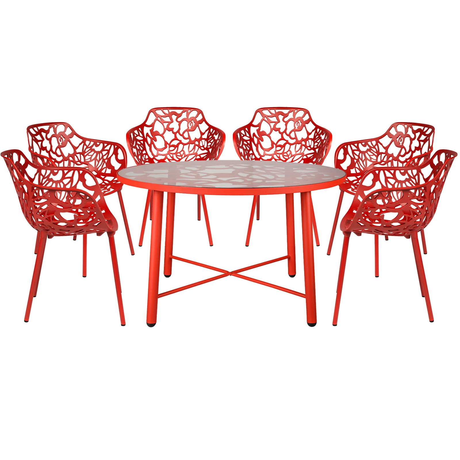 Devon Mid-Century Modern 7-Piece Aluminum Outdoor Patio Dining Set with Tempered Glass Top Table and 6 Stackable Flower Design Arm Chairs for Patio, Poolside, Balcony, and Backyard Garden