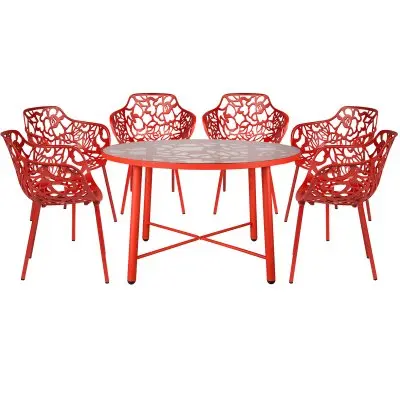 Devon Mid-Century Modern 7-Piece Aluminum Outdoor Patio Dining Set with Tempered Glass Top Table and 6 Stackable Flower Design Arm Chairs for Patio, Poolside, Balcony, and Backyard Garden