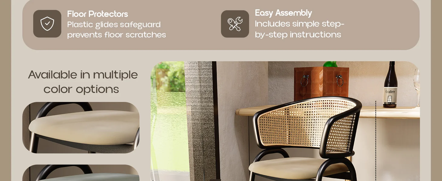 Ervilla Wicker Bar Stool with Fabric Seat and Black Steel Frame - Beige Leather