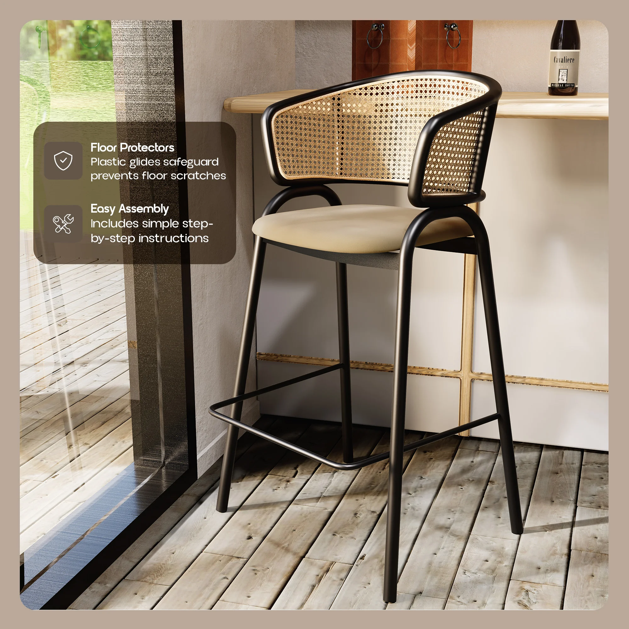 Ervilla Wicker Bar Stool with Fabric Seat and Black Steel Frame - Beige Leather