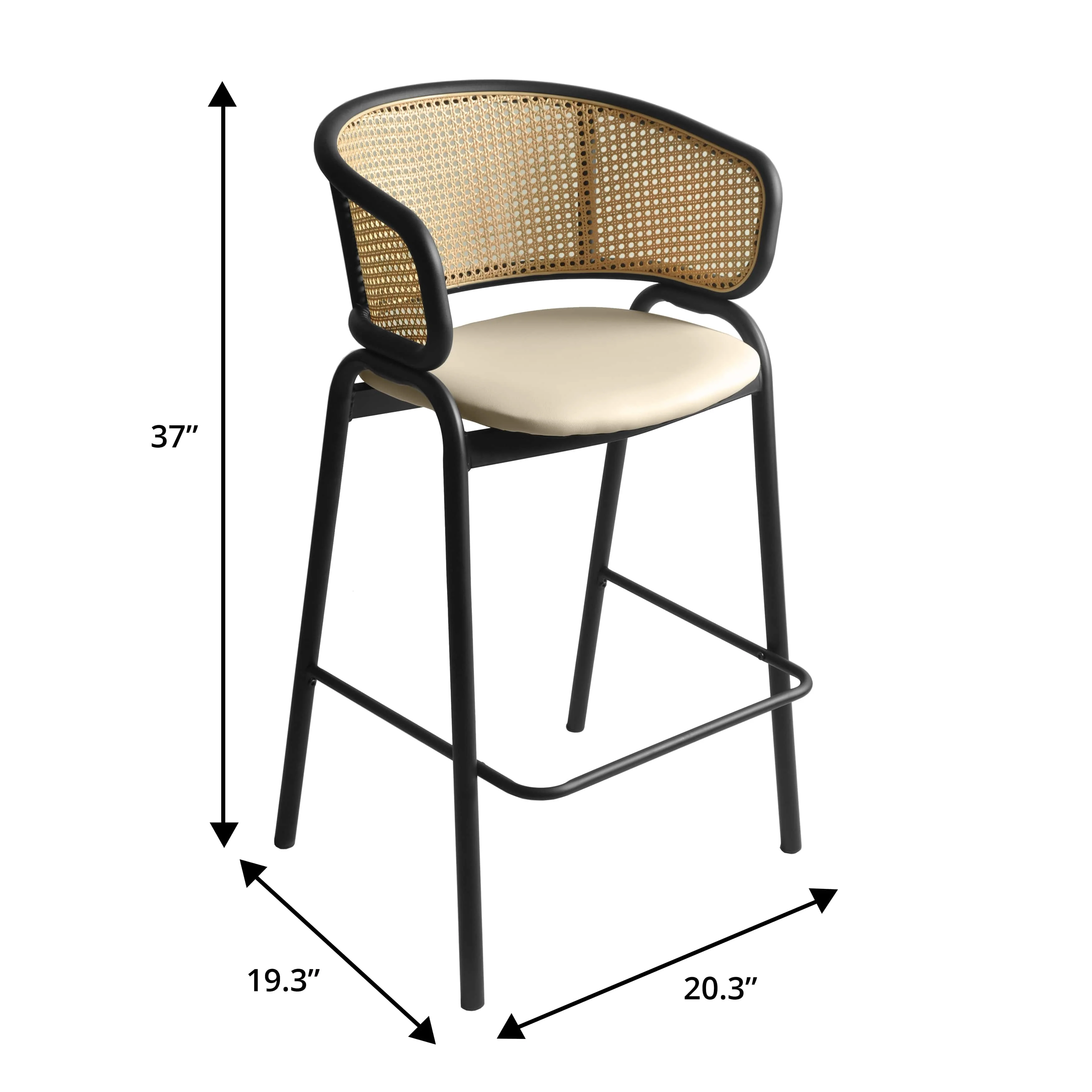 Ervilla Wicker Bar Stool with Fabric Seat and Black Steel Frame - Beige Leather