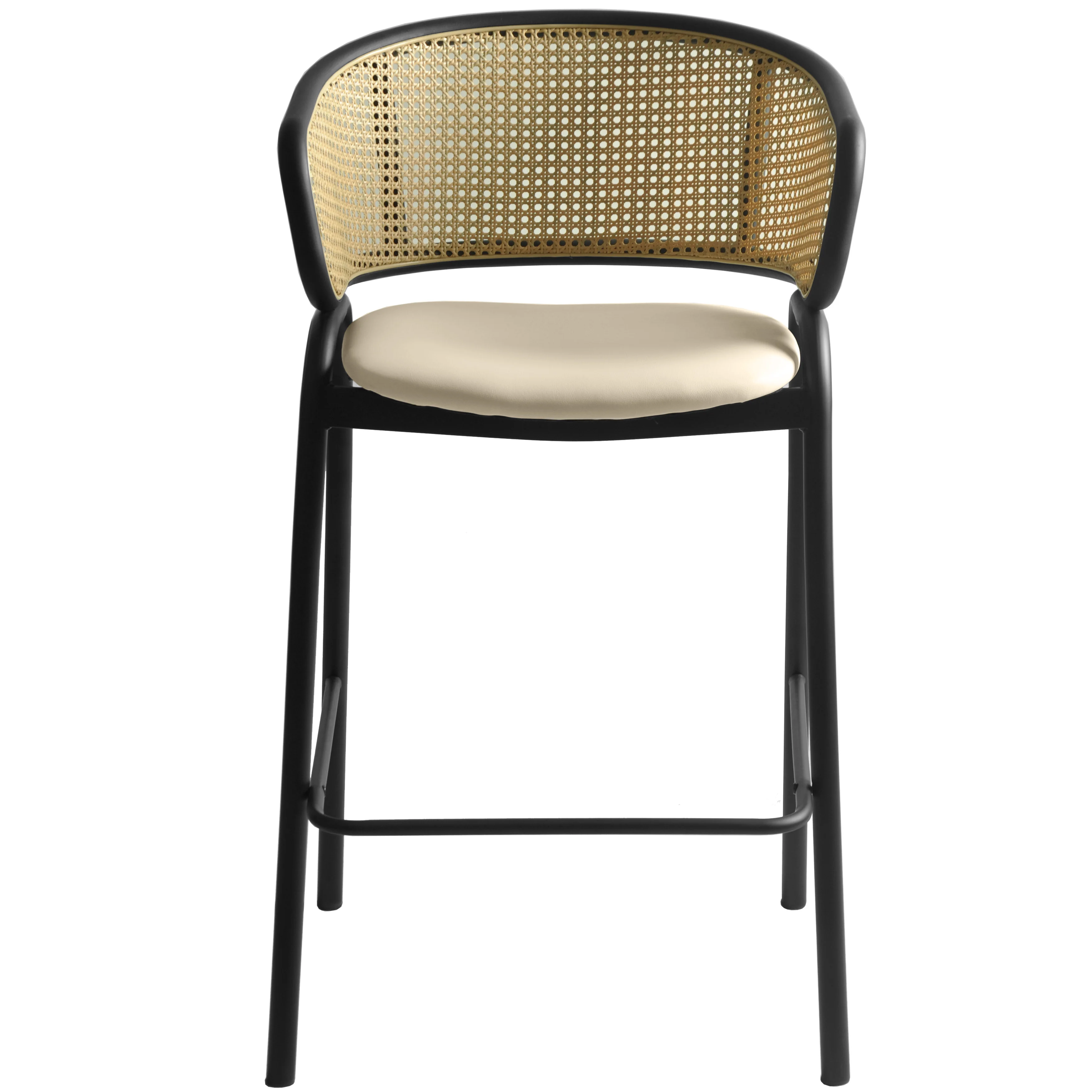 Ervilla Wicker Bar Stool with Fabric Seat and Black Steel Frame - Beige Leather