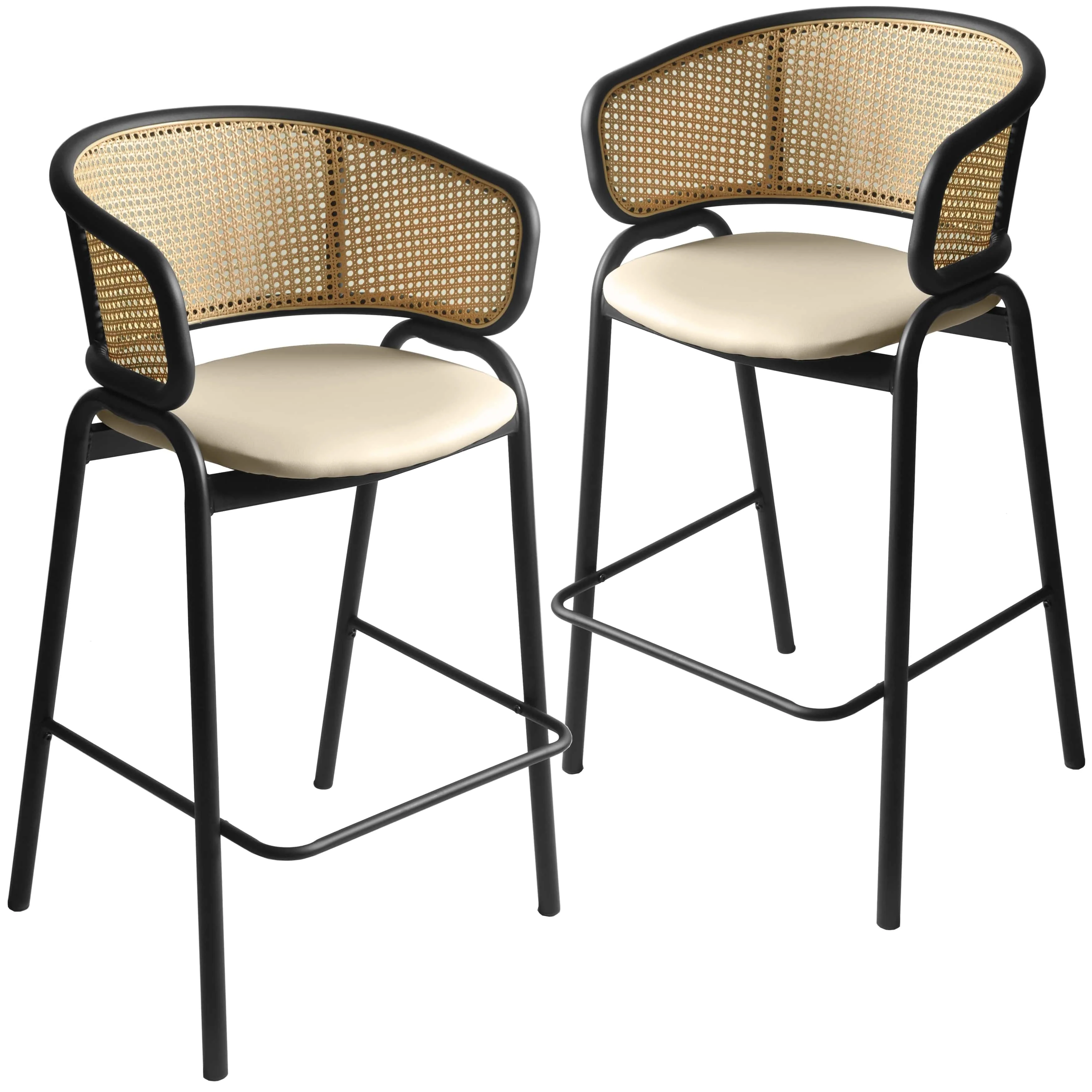 Ervilla Wicker Bar Stool with Fabric Seat and Black Steel Frame - Beige Leather - Set of 2