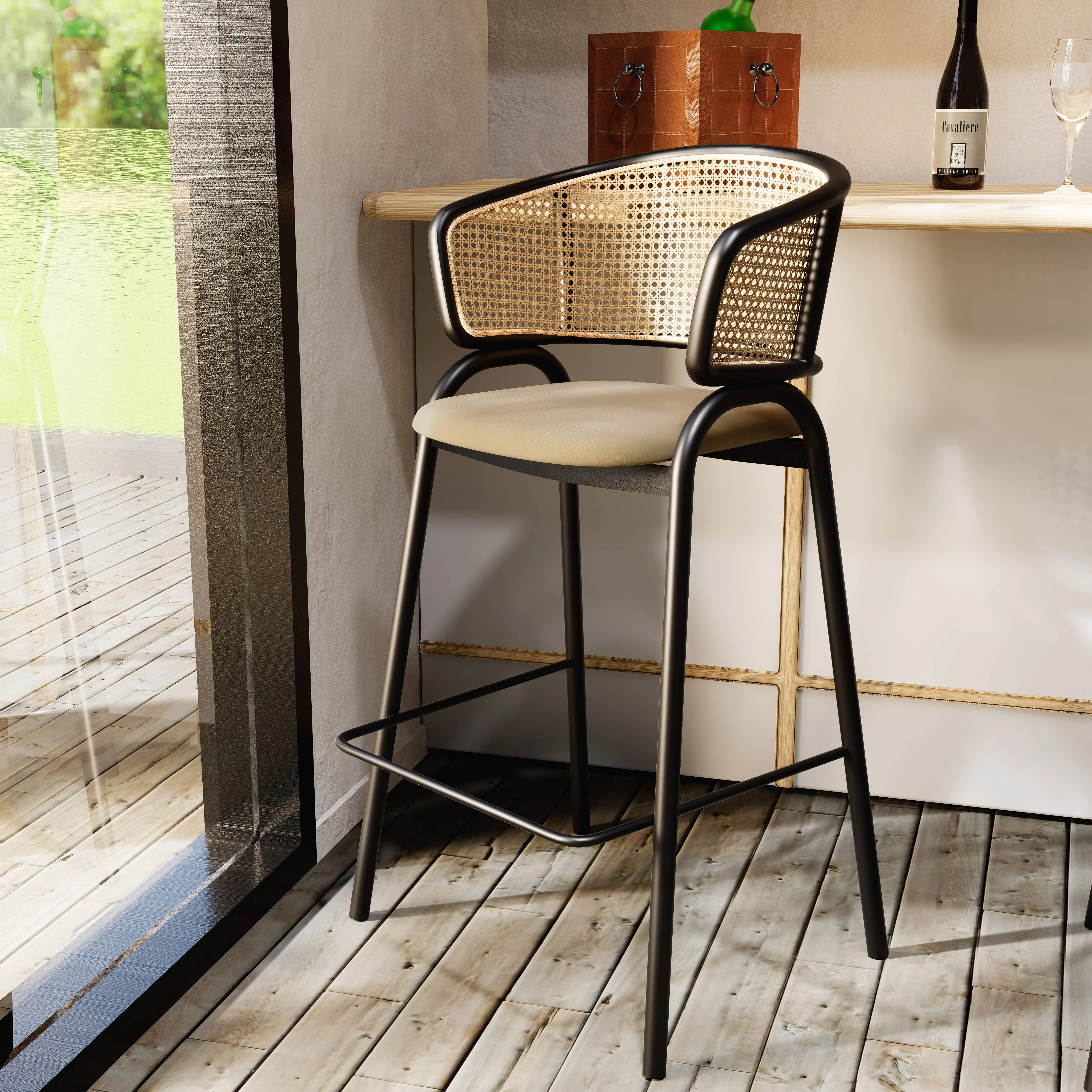 Ervilla Wicker Bar Stool with Fabric Seat and Black Steel Frame - Beige Leather - Set of 2
