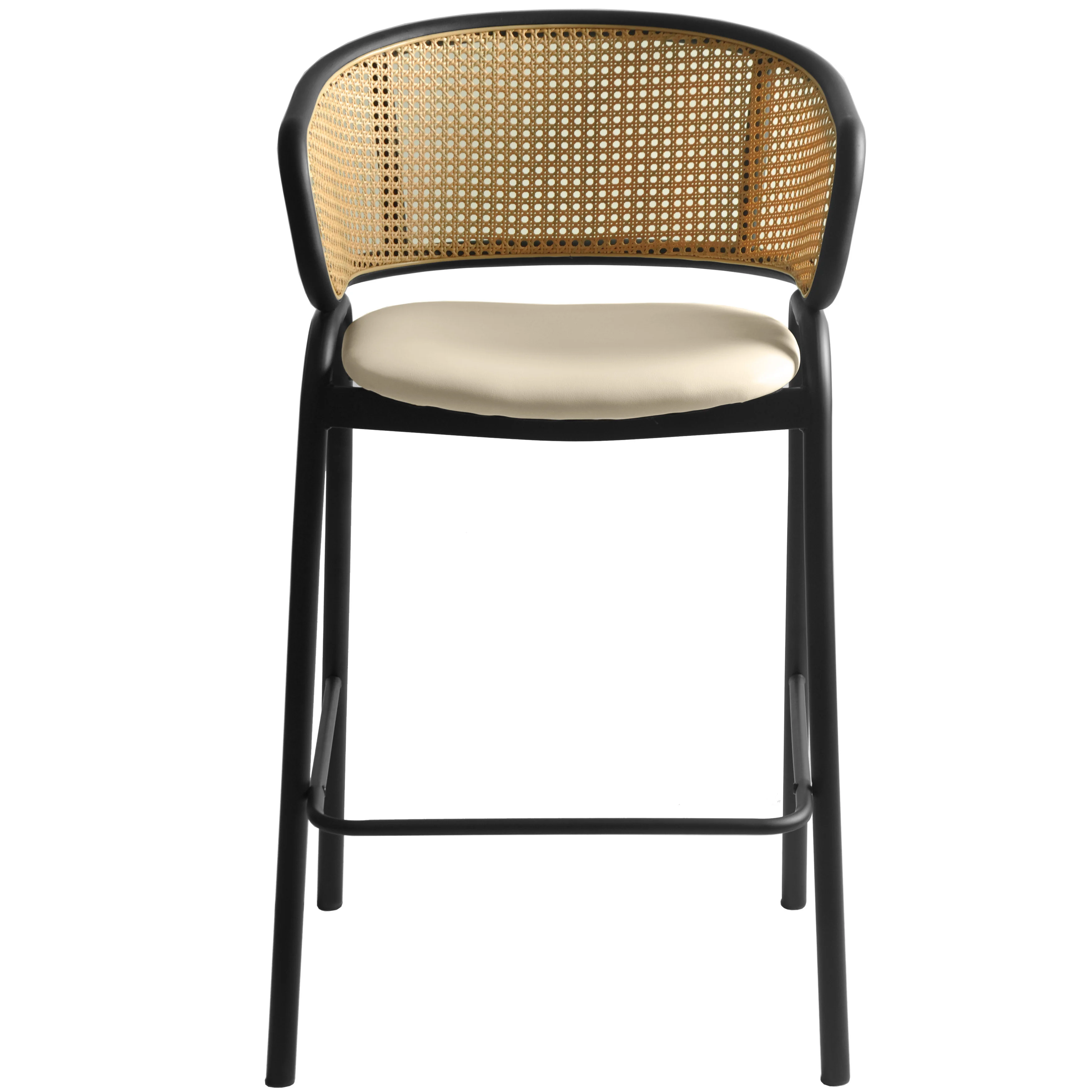 Ervilla Wicker Bar Stool with Fabric Seat and Black Steel Frame - Beige Leather - Set of 2