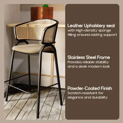 Ervilla Wicker Bar Stool with Fabric Seat and Black Steel Frame - Beige Leather - Set of 2