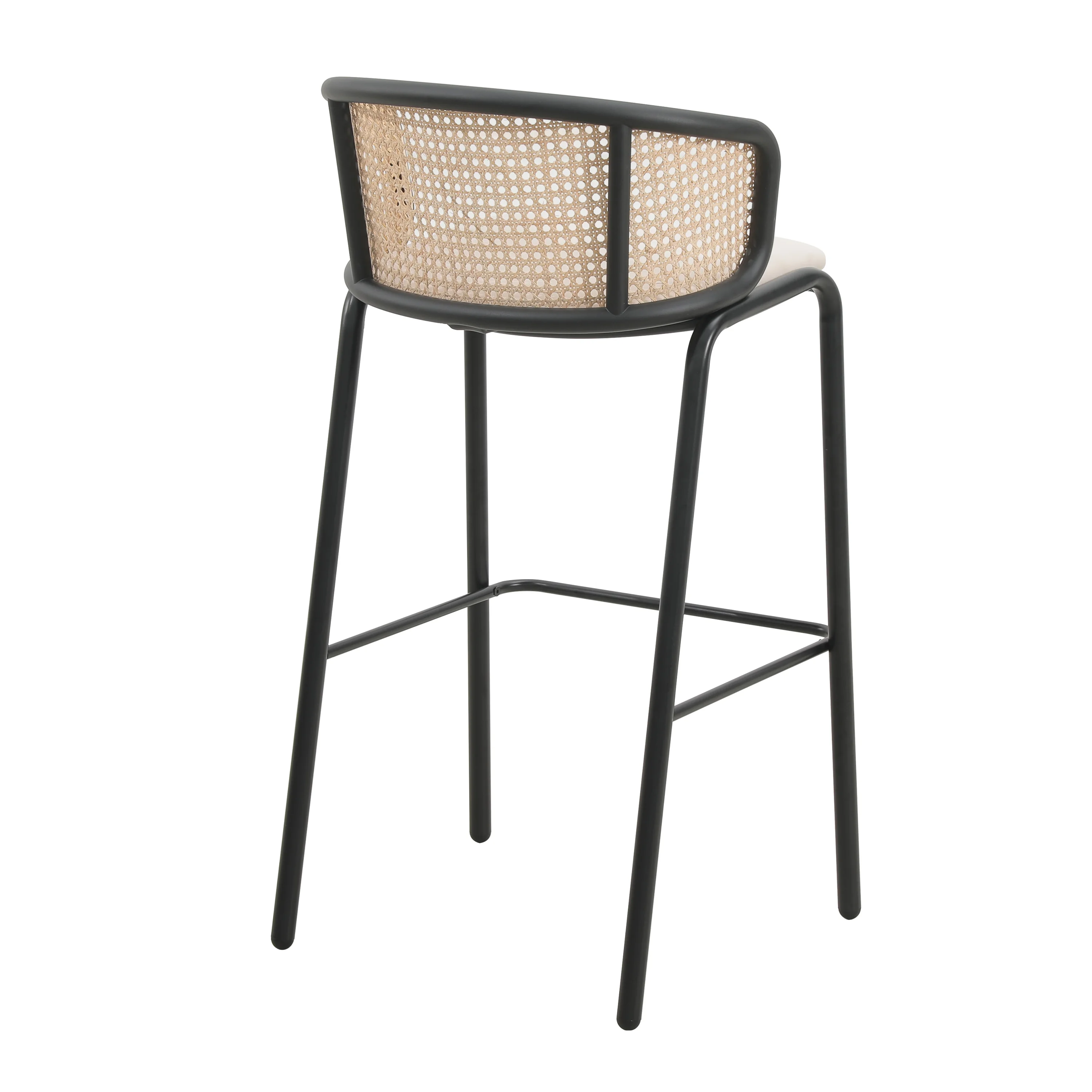 Ervilla Mid-Century Modern Wicker Bar Stool with Fabric Seat and Black Powder Coated Steel Frame for Kitchen and Dining Room in Beige