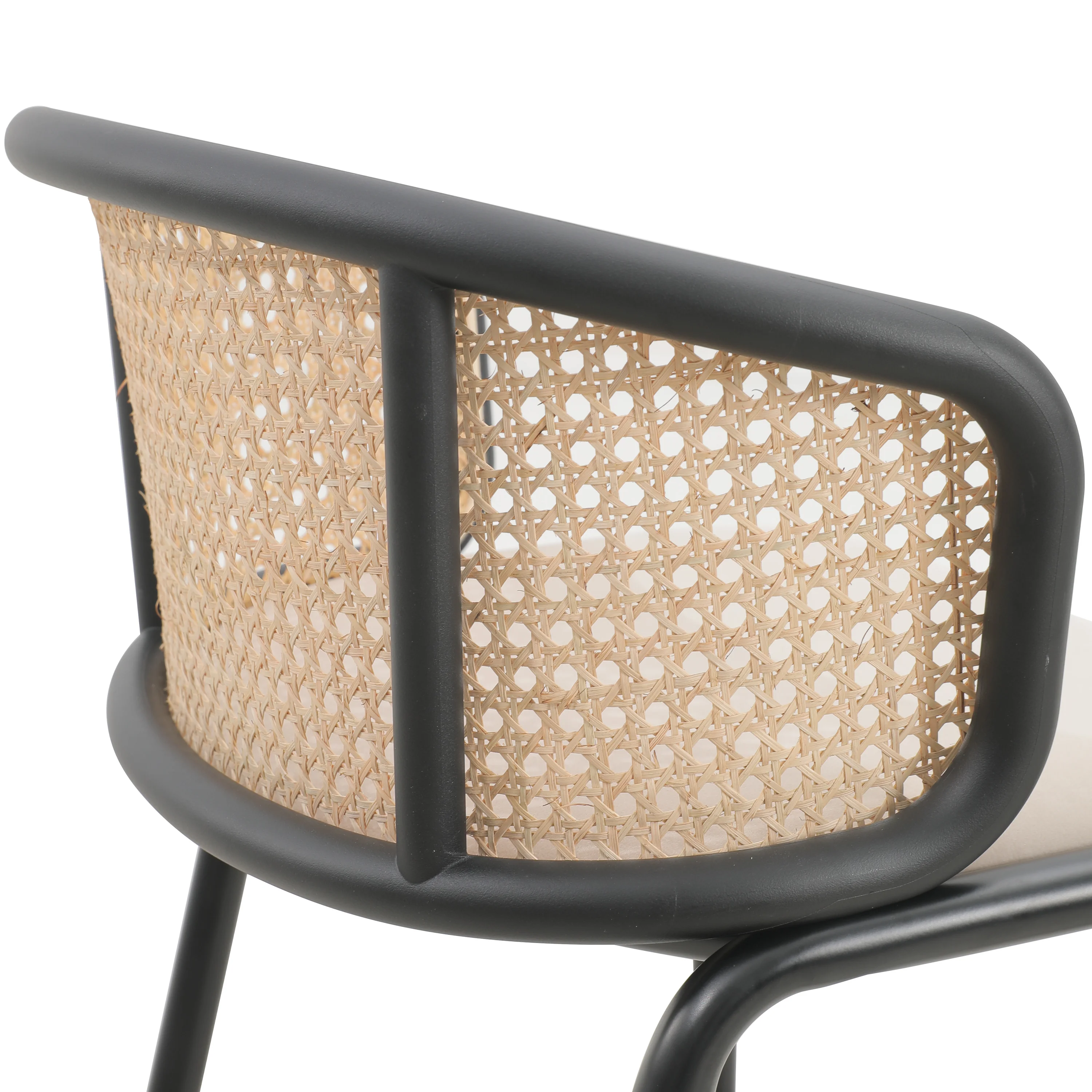 Ervilla Mid-Century Modern Wicker Bar Stool with Fabric Seat and Black Powder Coated Steel Frame for Kitchen and Dining Room in Beige