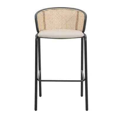 Ervilla Mid-Century Modern Wicker Bar Stool with Fabric Seat and Black Powder Coated Steel Frame for Kitchen and Dining Room in Beige