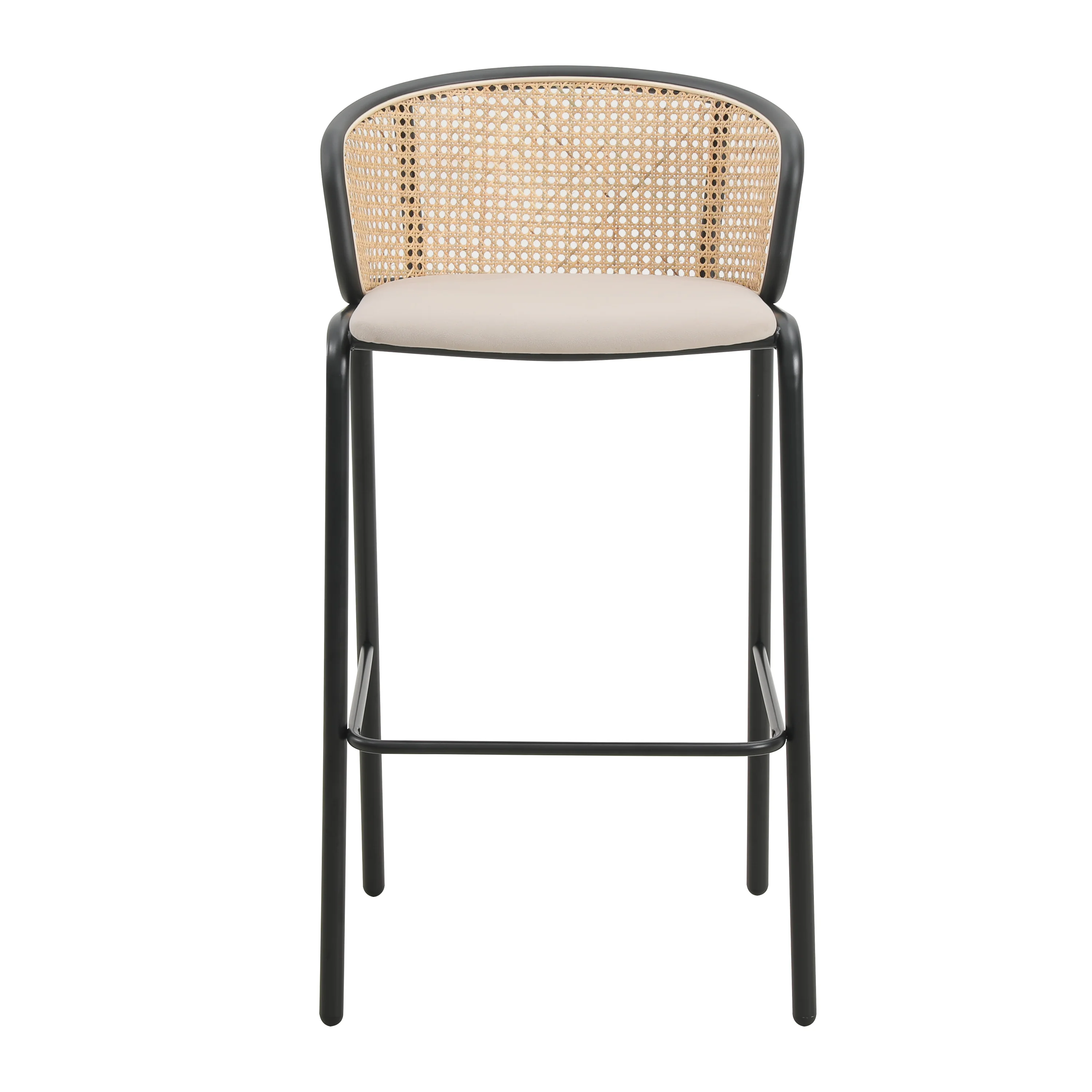 Ervilla Mid-Century Modern Wicker Bar Stool with Fabric Seat and Black Powder Coated Steel Frame, Set of 2 in Beige
