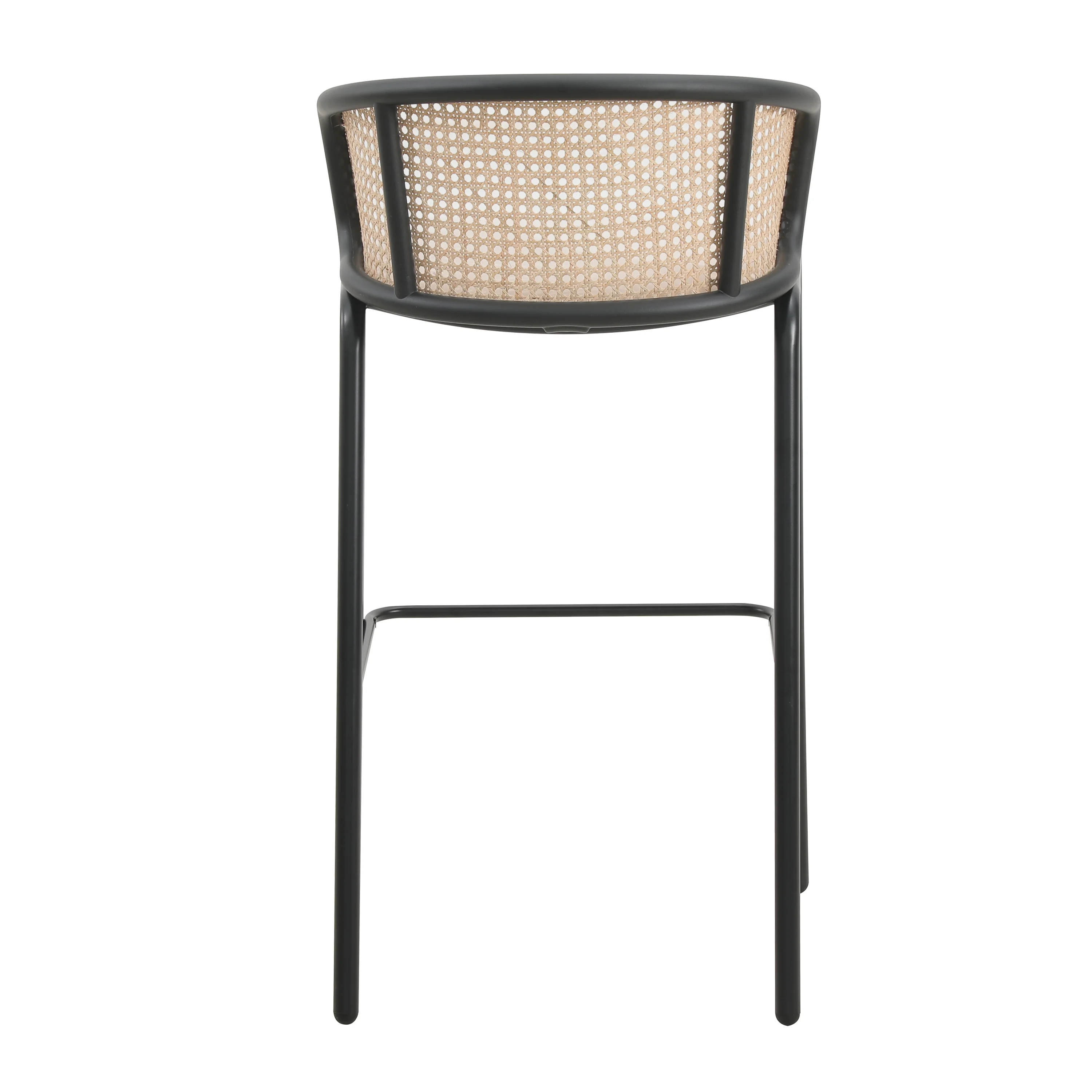 Ervilla Mid-Century Modern Wicker Bar Stool with Fabric Seat and Black Powder Coated Steel Frame, Set of 2 in Beige