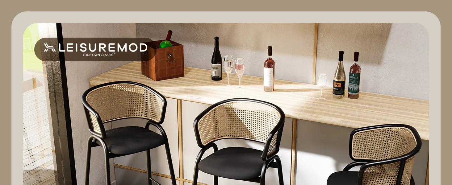 Ervilla Wicker Bar Stool with Fabric Seat and Black Steel Frame - Black Leather