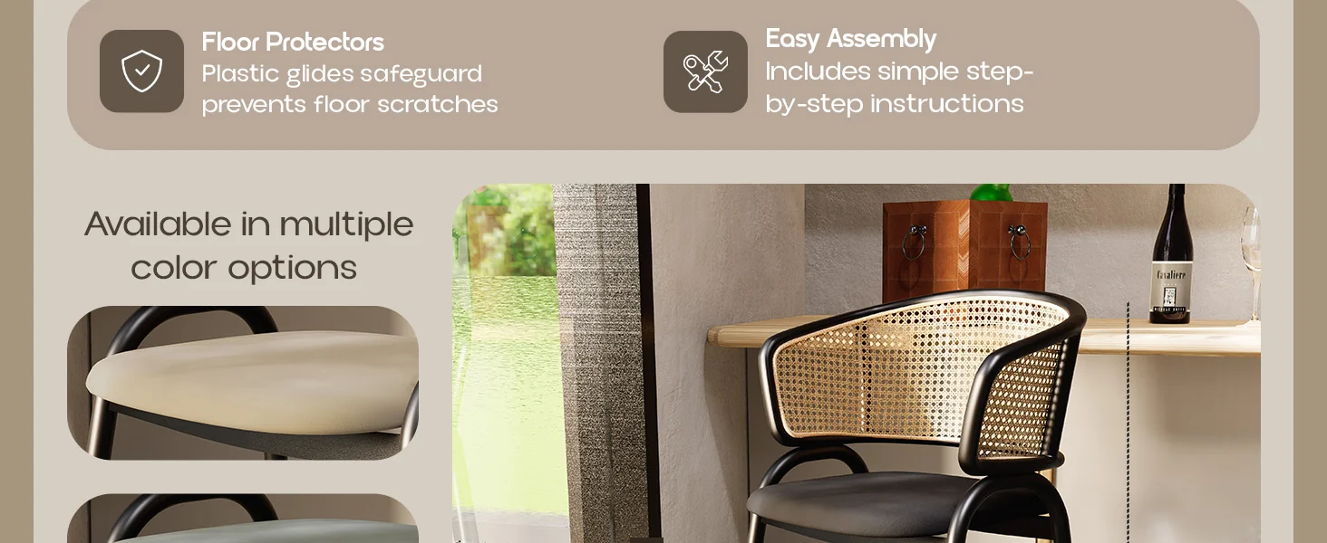 Ervilla Wicker Bar Stool with Fabric Seat and Black Steel Frame - Black Leather