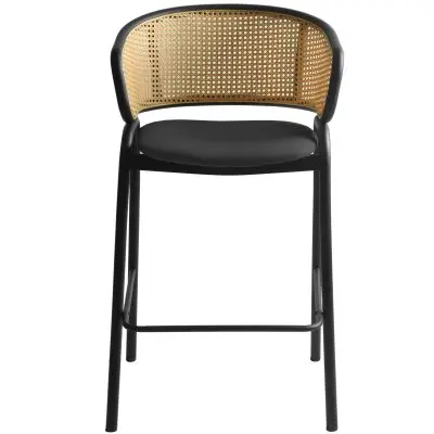 Ervilla Wicker Bar Stool with Fabric Seat and Black Steel Frame - Black Leather