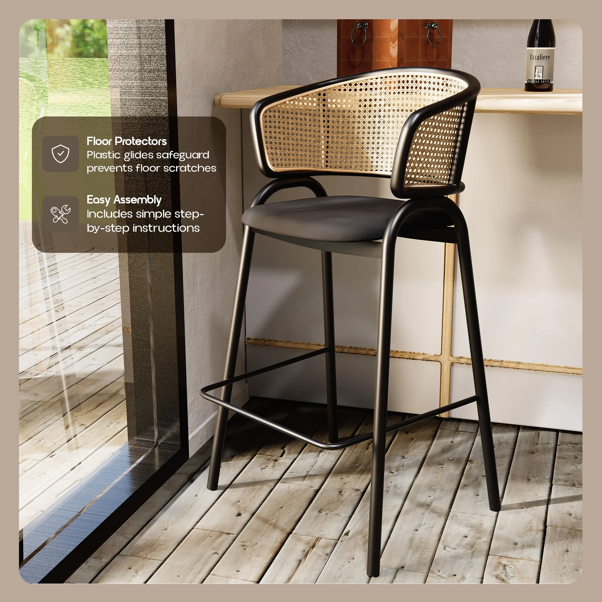 Ervilla Wicker Bar Stool with Fabric Seat and Black Steel Frame - Black Leather - Set of 2