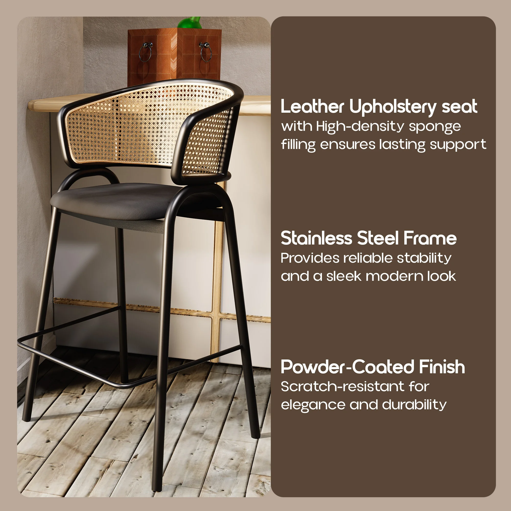 Ervilla Wicker Bar Stool with Fabric Seat and Black Steel Frame - Black Leather - Set of 2