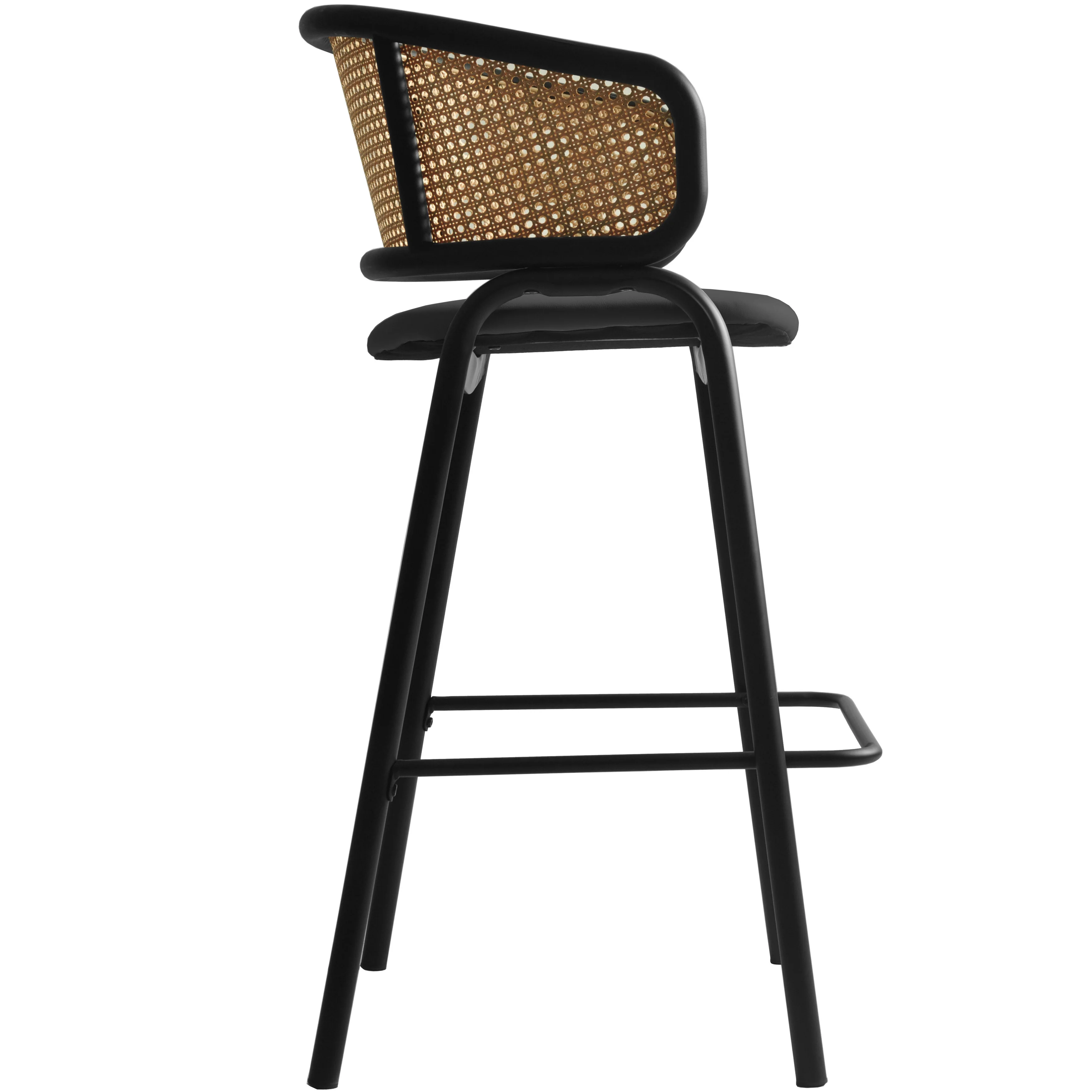 Ervilla Wicker Bar Stool with Fabric Seat and Black Steel Frame - Black Leather - Set of 2