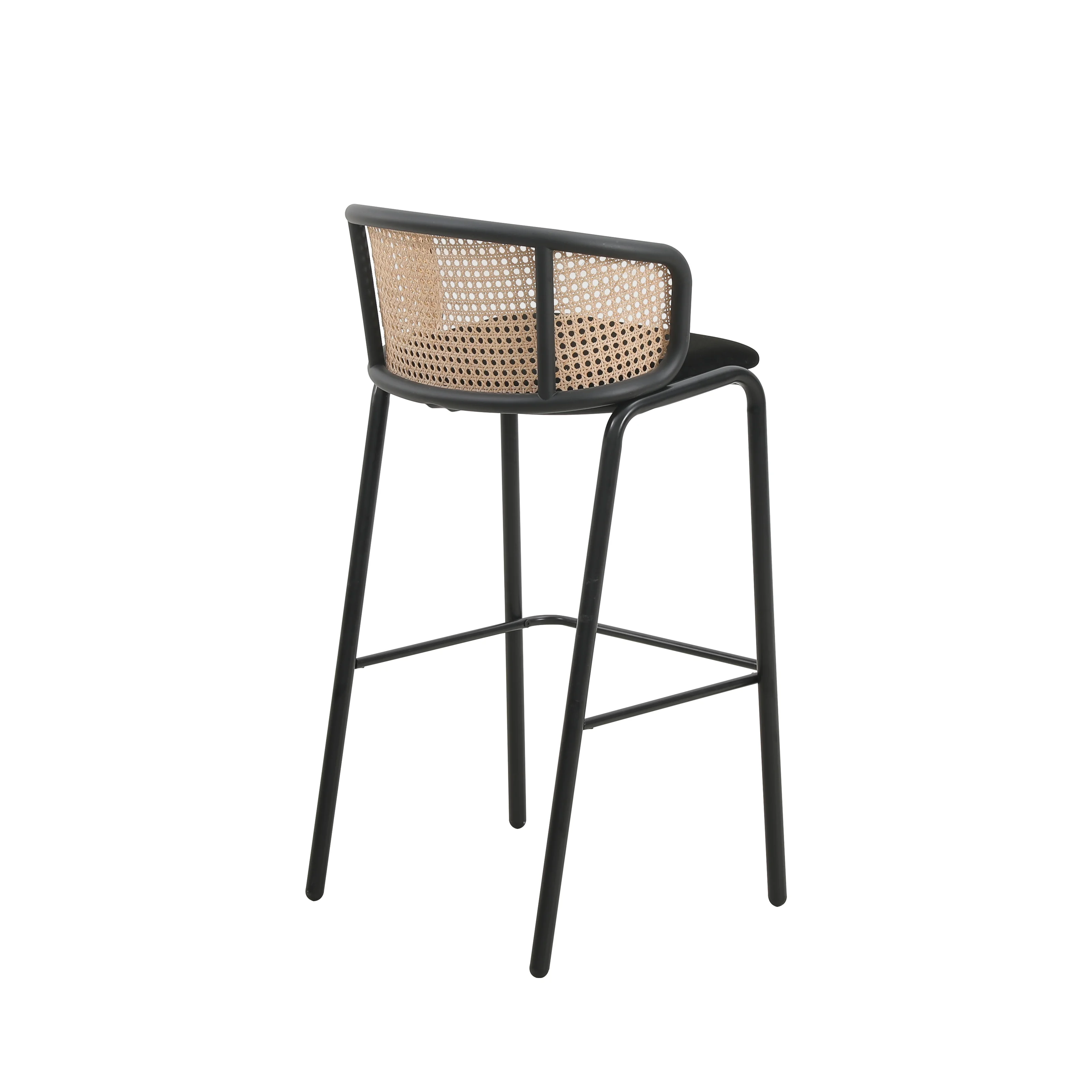 Ervilla Mid-Century Modern Wicker Bar Stool with Fabric Seat and Black Powder Coated Steel Frame for Kitchen and Dining Room in Black