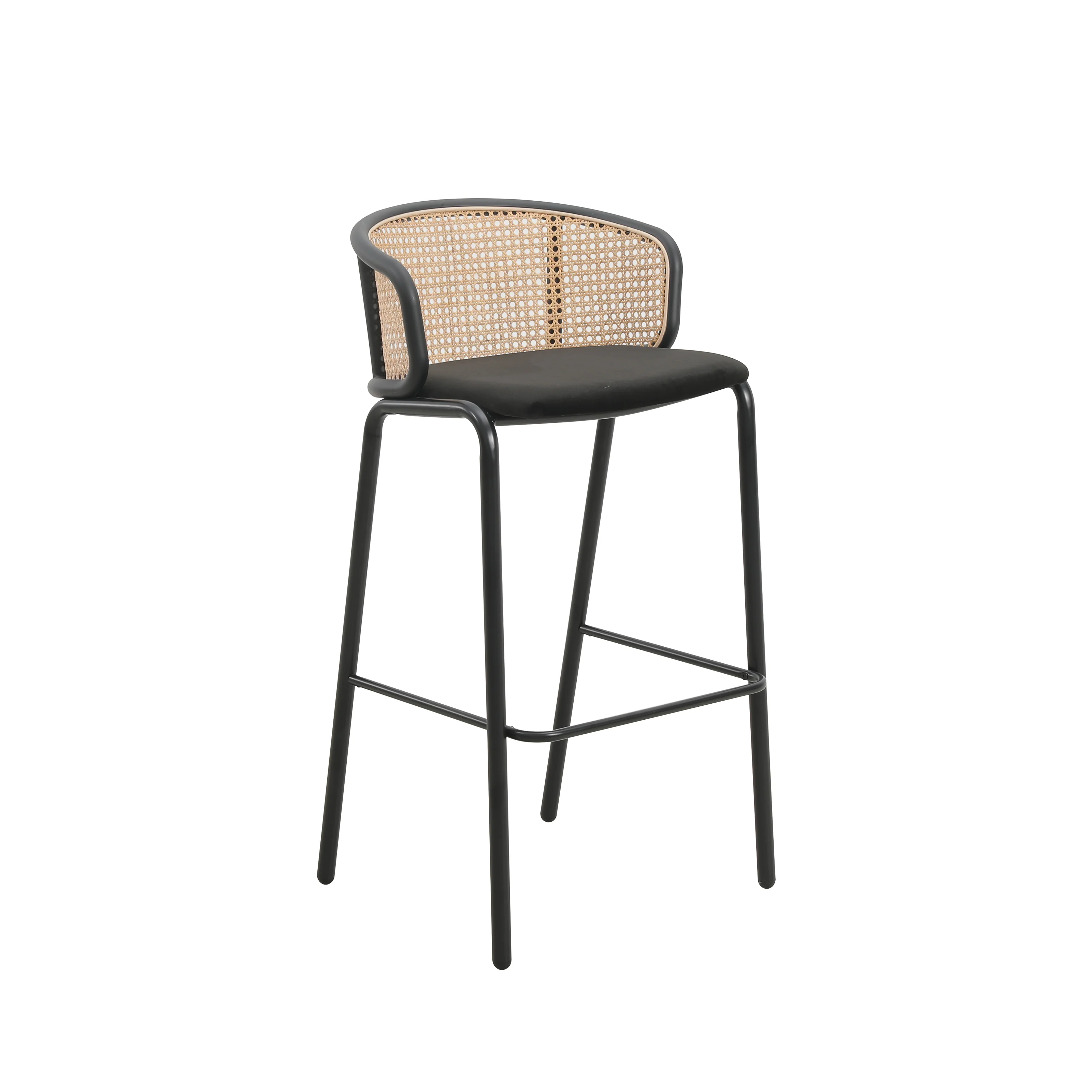 Ervilla Mid-Century Modern Wicker Bar Stool with Fabric Seat and Black Powder Coated Steel Frame for Kitchen and Dining Room in Black
