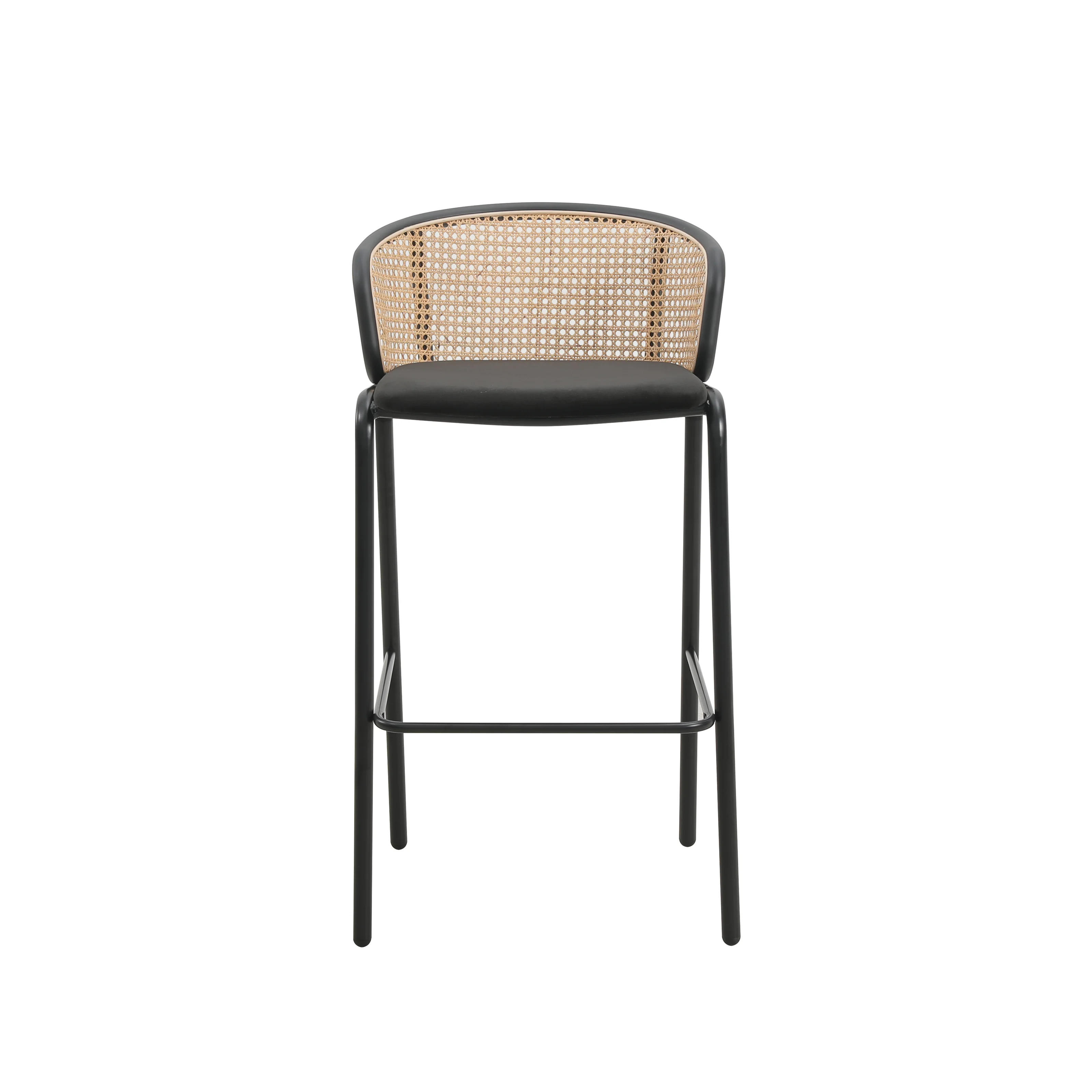 Ervilla Mid-Century Modern Wicker Bar Stool with Fabric Seat and Black Powder Coated Steel Frame, Set of 2 in Black